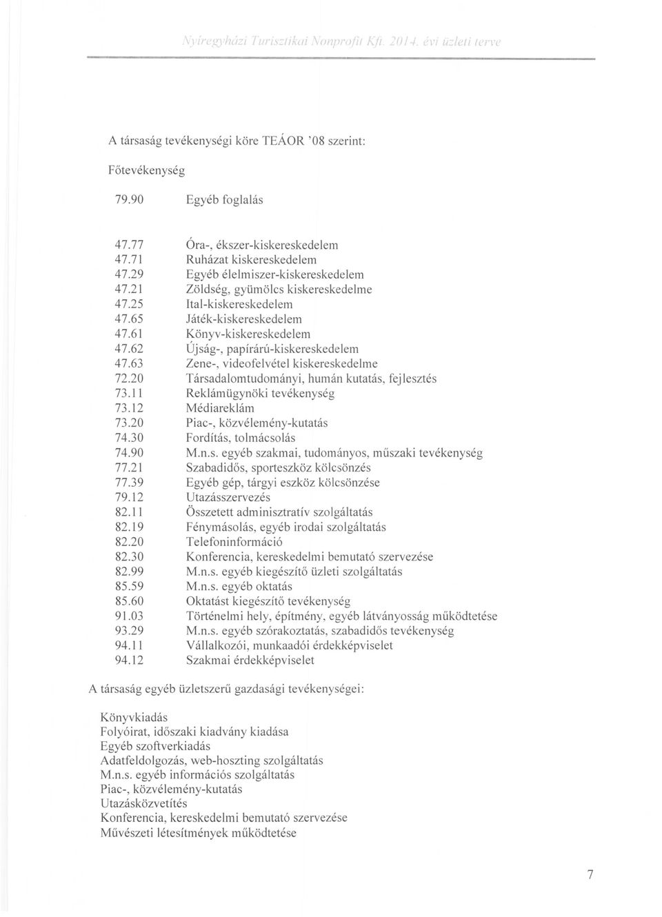 62 Újság-, papírárú-kiskereskedelem 47.63 Zene-, videofelvétel kiskereskedelme 72.20 Társadalomtudományi, humán kutatás, fejlesztés 73.11 Reklámügynöki tevékenység 73.12 Méd iareklám 73.