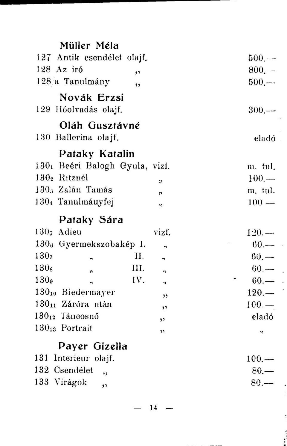 tul. 130i Tanulmáuyfej,, 100 Pataky Sára 130 5 Adieu vizf. 120. i 130(j Gyermekszobakép I. 60. 1307 n. 60. 130s m.., 60. ; 130 9 IV. - 60.