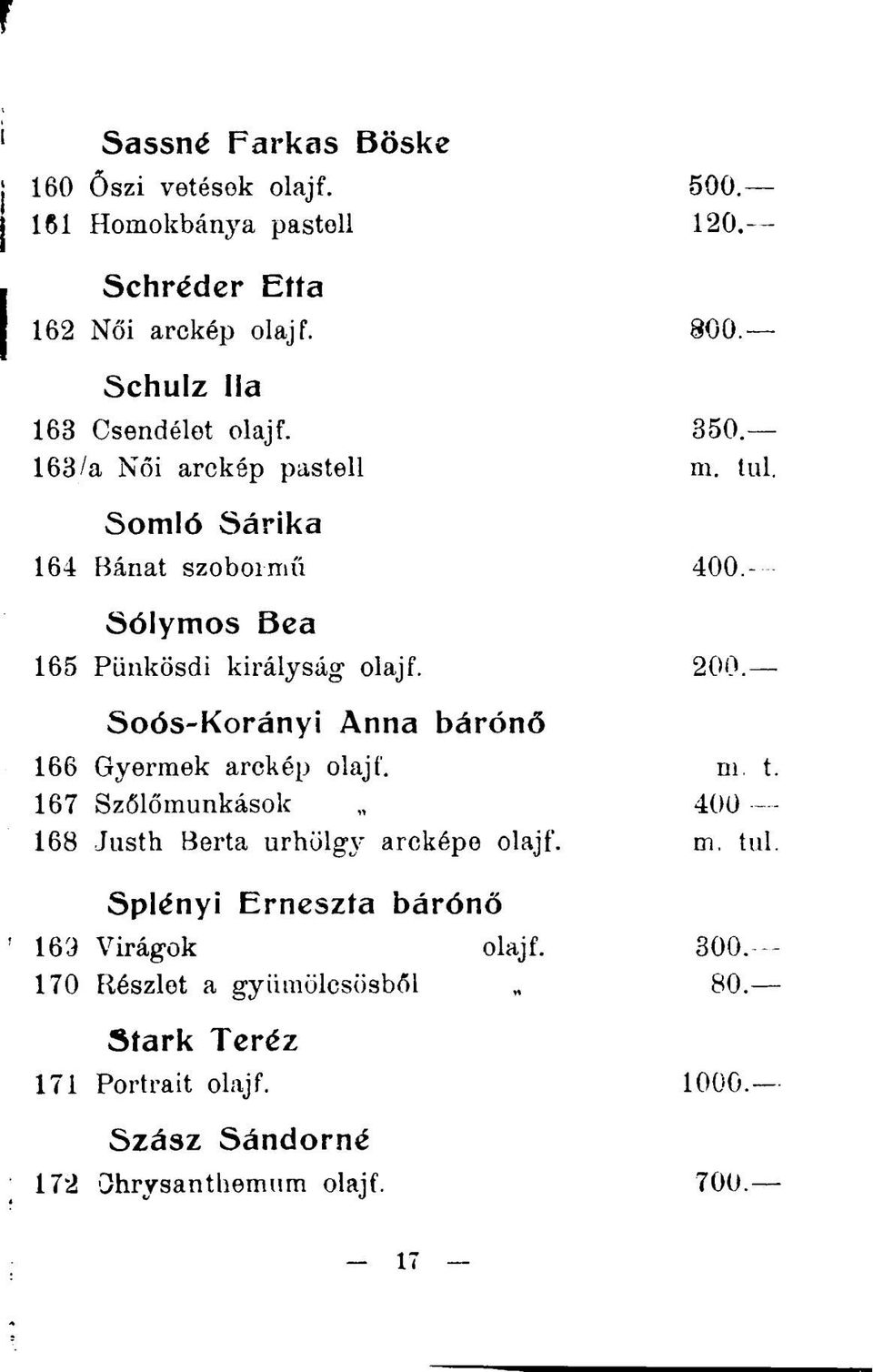 Sólymos Bea 165 Pünkösdi királyság- olajf. 200. Soós-Korányi Anna bárónő ; 166 Gyermek arckép olajf. m. t.