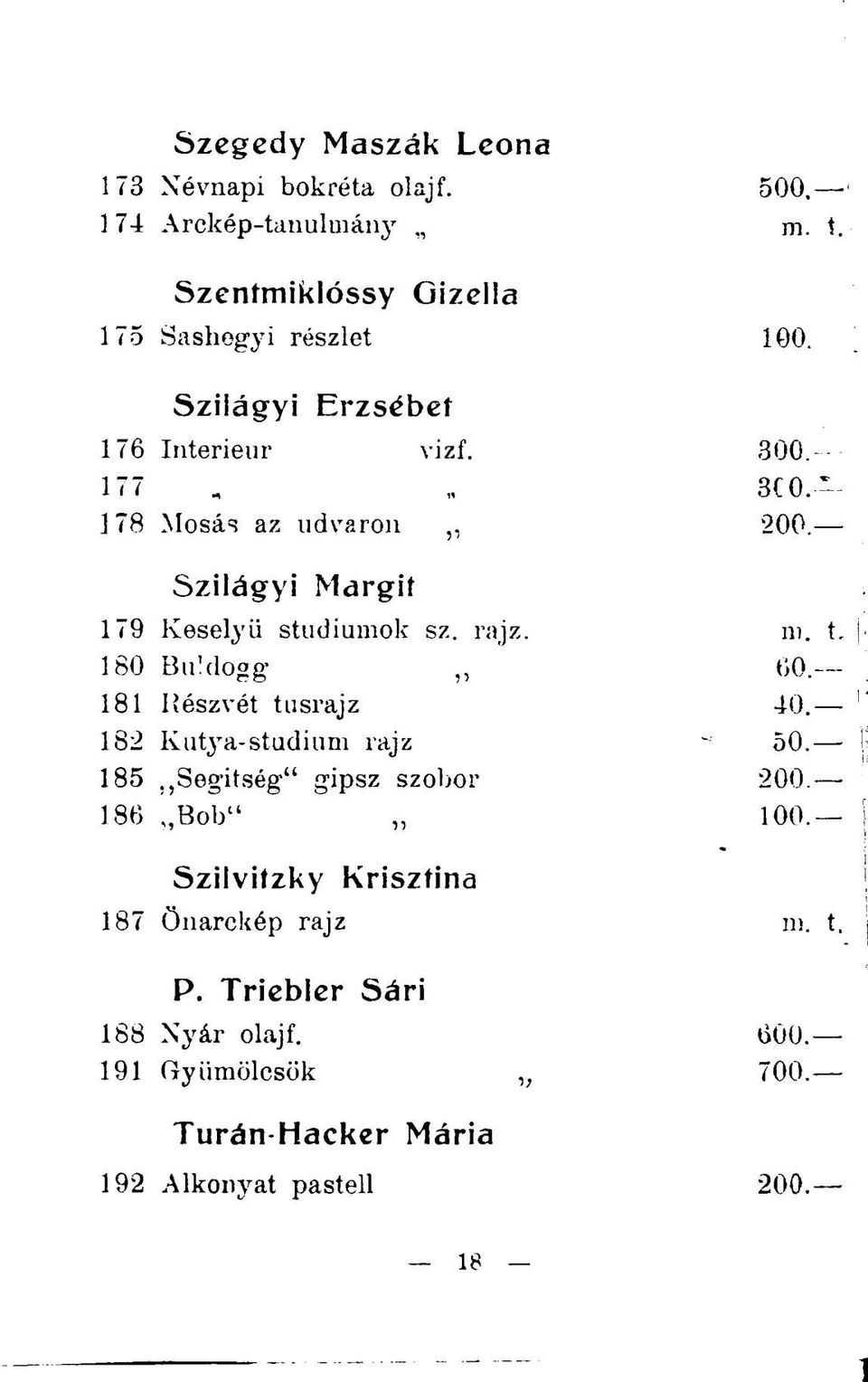 t. 180 Buldogg,, 60. 181 Készvét tusrajz 40. 182 Kutj^a-studium rajz - 50. 185 Segítség" gipsz szobor 200 186 Bob" 100.