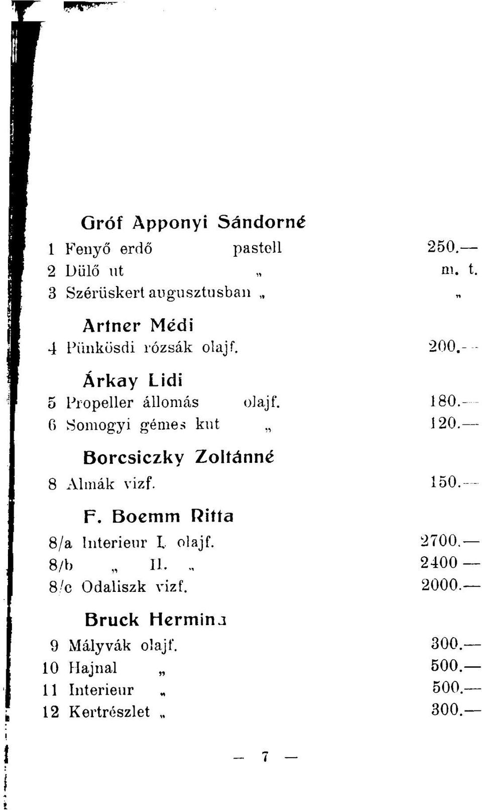 Árkay Lidi 5 Propeller állomás olajf. 180. 6 Somogyi gémes kut 120. Borcsiczky Zoltánné 8 Almák vizf.