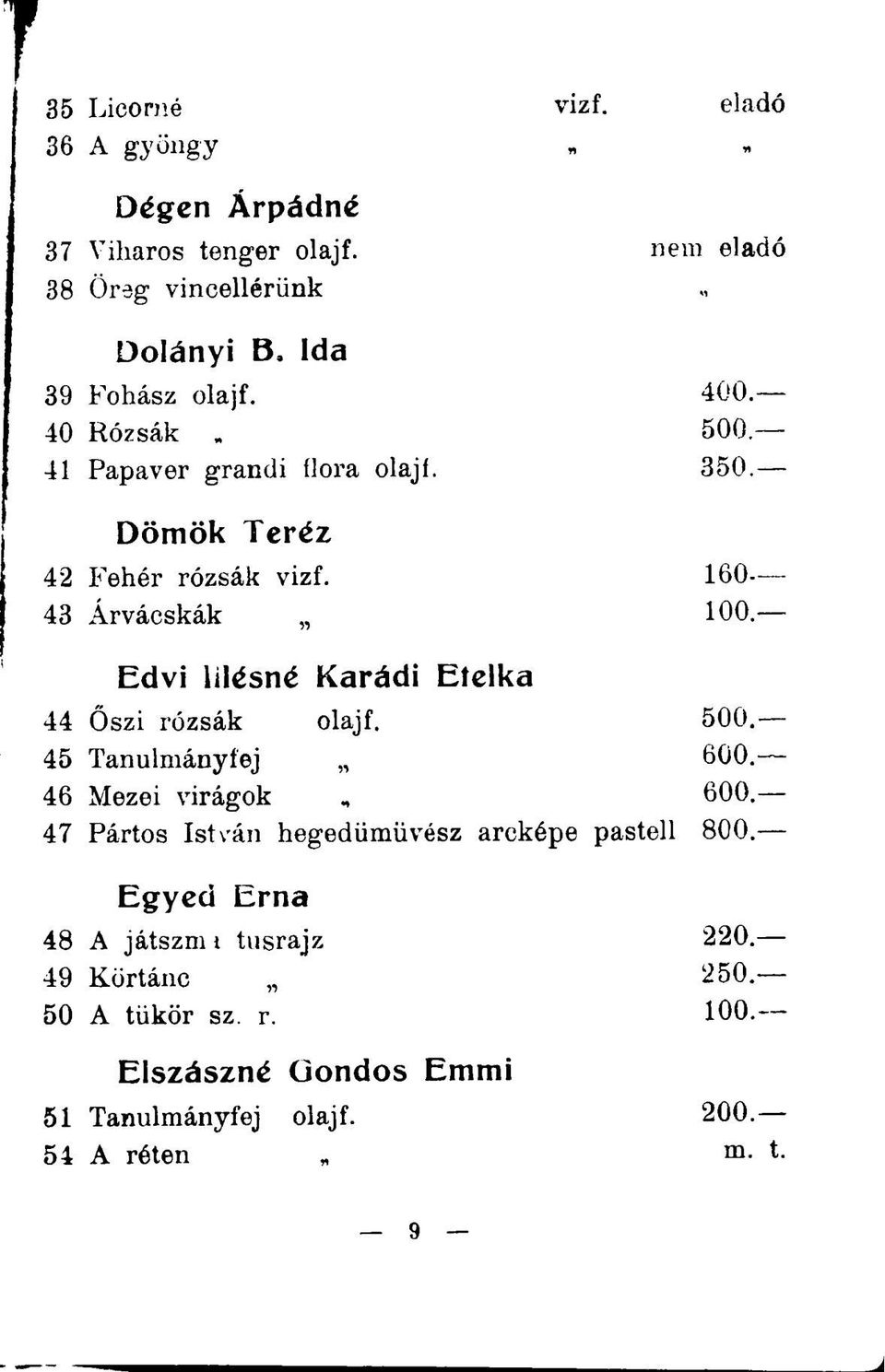 160 43 Árvácskák 100 Edvi lilésné Karádi Etelka 44 Őszi rózsák olajf. 500. 45 Tanulmányfej 600. 46 Mezei virágok 600.