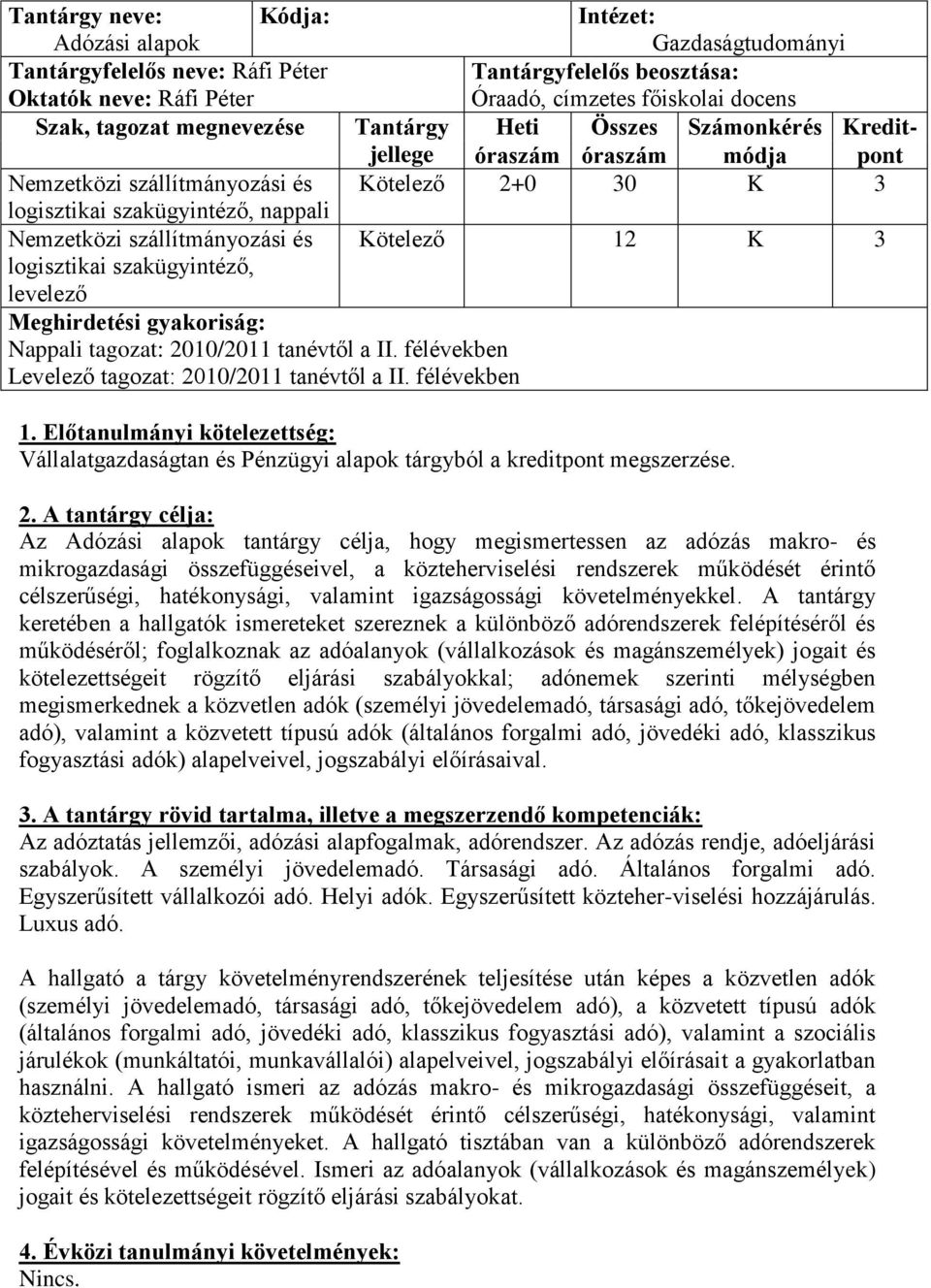 félévekben Intézet: Gazdaságtudományi Tantárgyfelelős beosztása: Óraadó, címzetes főiskolai docens Tantárgy Heti Összes Számonkérés Kreditjellege óraszám óraszám módja pont Kötelező 2+0 30 K 3