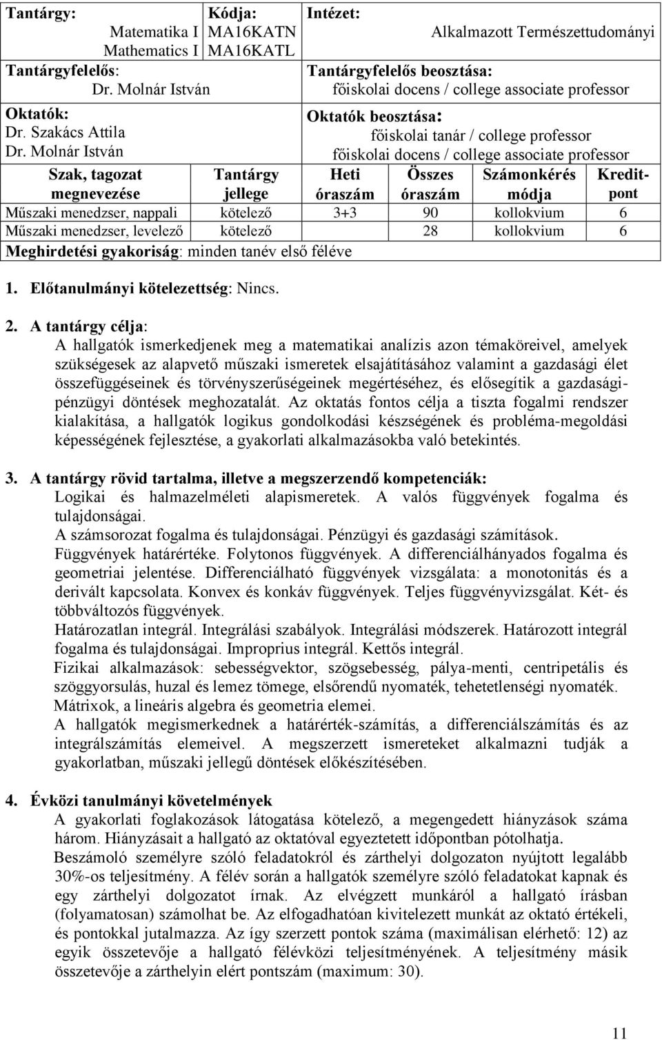 professor Tantárgy Heti Összes Számonkérés Kreditmegnevezése jellege óraszám óraszám módja pont Műszaki menedzser, nappali kötelező 3+3 90 kollokvium 6 Műszaki menedzser, levelező kötelező 28