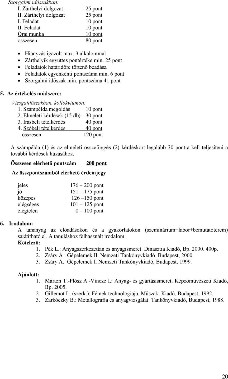 Az értékelés módszere: Vizsgaidőszakban, kollokviumon: 1. Számpélda megoldás 10 pont 2. Elméleti kérdések (15 db) 30 pont 3. Írásbeli tételkérdés 40 pont 4.