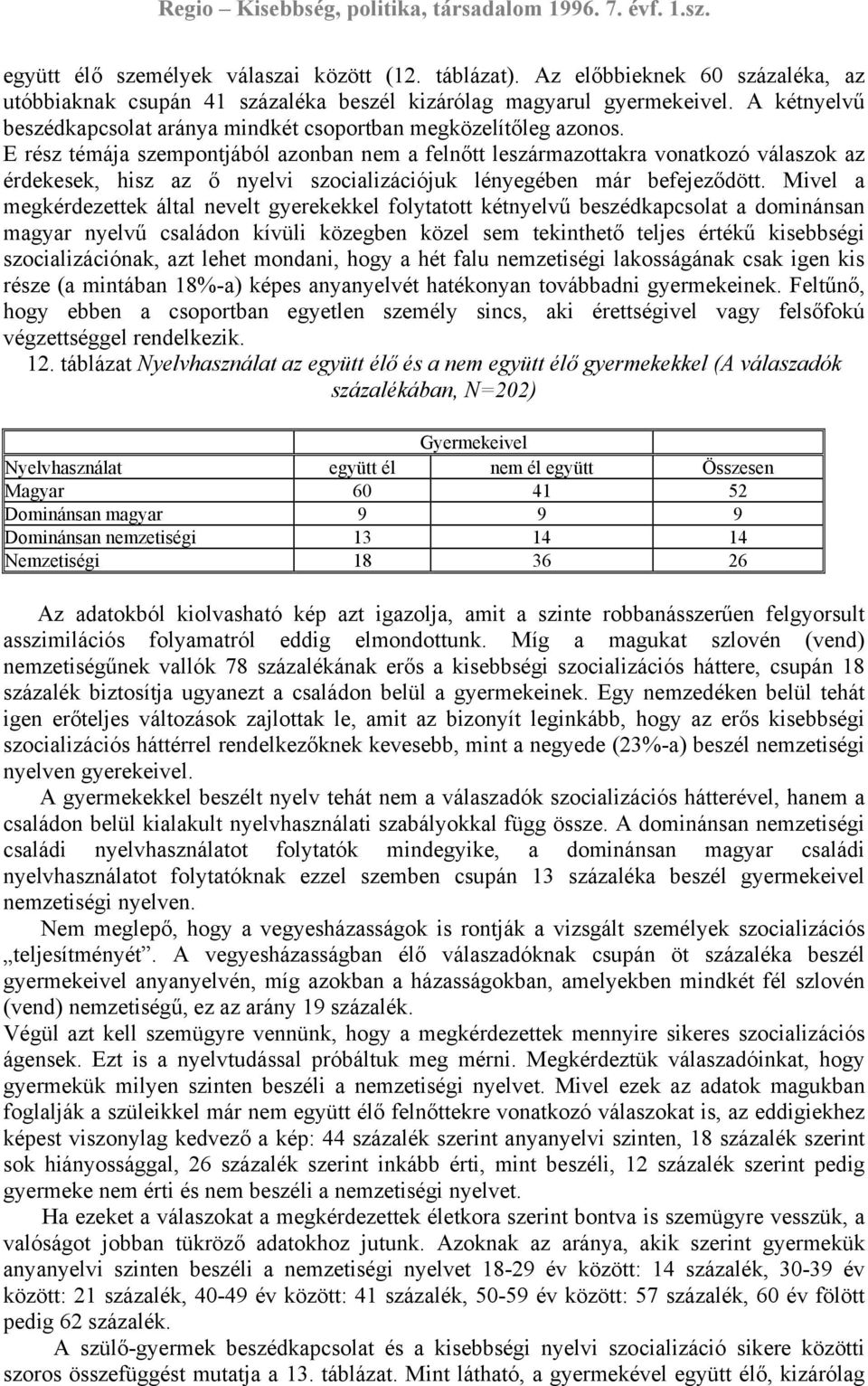 E rész témája szempontjából azonban nem a felnőtt leszármazottakra vonatkozó válaszok az érdekesek, hisz az ő nyelvi szocializációjuk lényegében már befejeződött.