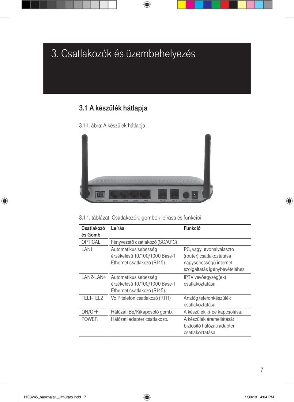 táblázat: Csatlakozók, gombok leírása és funkciói Csatlakozó és Gomb OPTICAL LAN1 LAN2-LAN4 Leírás Fényvezető csatlakozó (SC/APC) Automatikus sebesség érzékelésű 10/100/1000 Base-T Ethernet