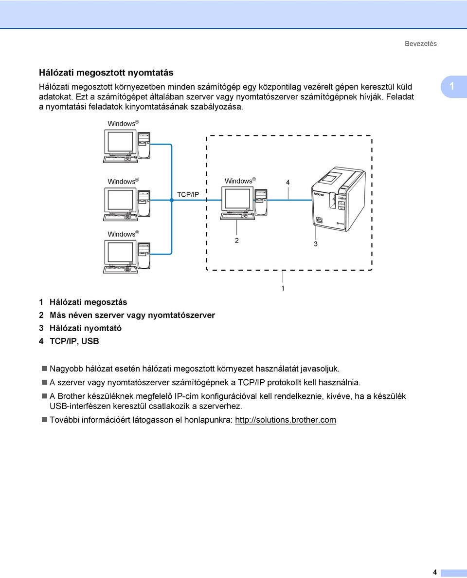 1 Windows R Windows R TCP/IP Windows R 4 Windows R 2 3 1 Hálózati megosztás 2 Más néven szerver vagy nyomtatószerver 3 Hálózati nyomtató 4 TCP/IP, USB 1 Nagyobb hálózat esetén hálózati megosztott