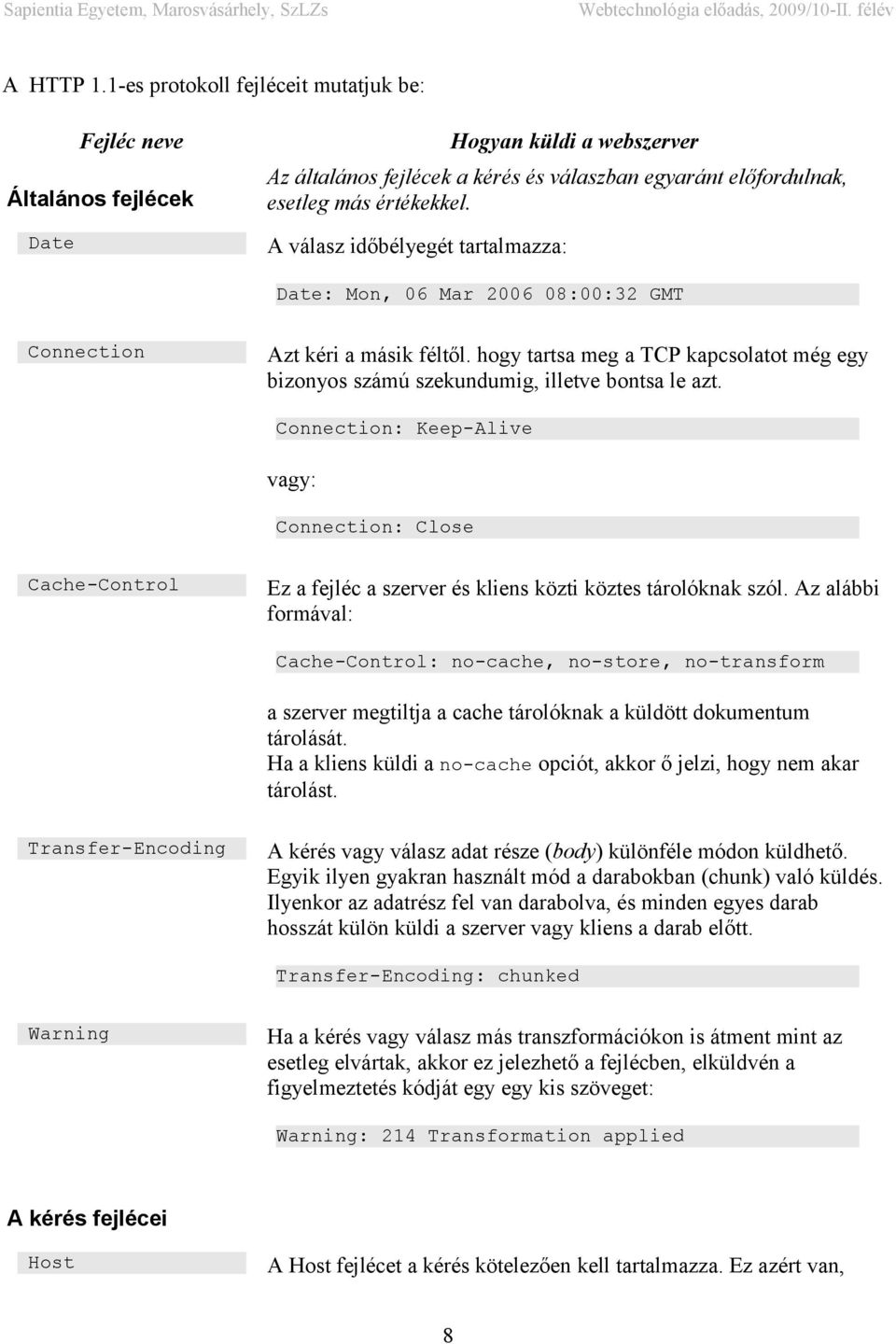 Connection: Keep-Alive vagy: Connection: Close Cache-Control Ez a fejléc a szerver és kliens közti köztes tárolóknak szól.