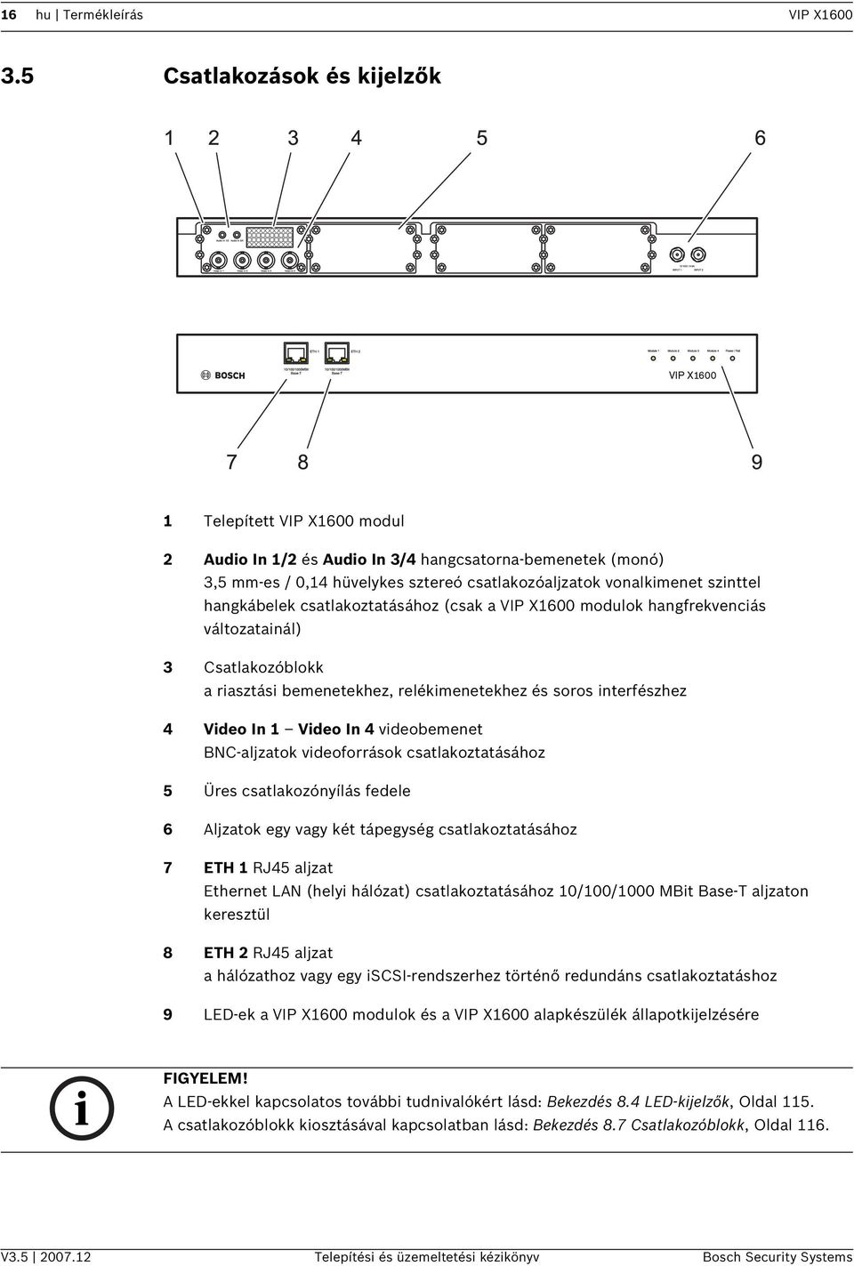 hangkábelek csatlakoztatásához (csak a VIP X1600 modulok hangfrekvencás változatanál) 3 Csatlakozóblokk a rasztás bemenetekhez, relékmenetekhez és soros nterfészhez 4 Vdeo In 1 Vdeo In 4 vdeobemenet