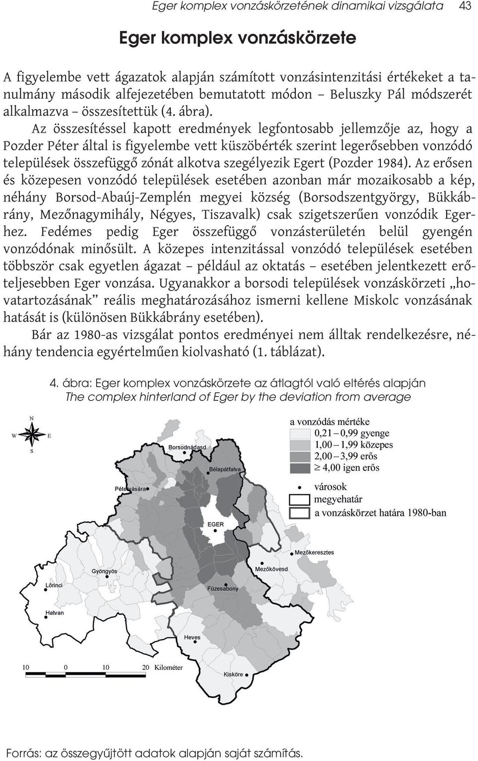 Az összesítéssel kapott eredmények legfontosabb jellemzője az, hogy a Pozder Péter által is figyelembe vett küszöbérték szerint legerősebben vonzódó települések összefüggő zónát alkotva szegélyezik