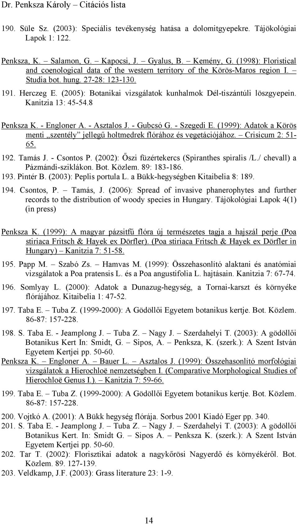 (2005): Botanikai vizsgálatok kunhalmok Dél-tiszántúli löszgyepein. Kanitzia 13: 45-54.8 Penksza K. - Engloner A. - Asztalos J. - Gubcsó G. - Szegedi E.