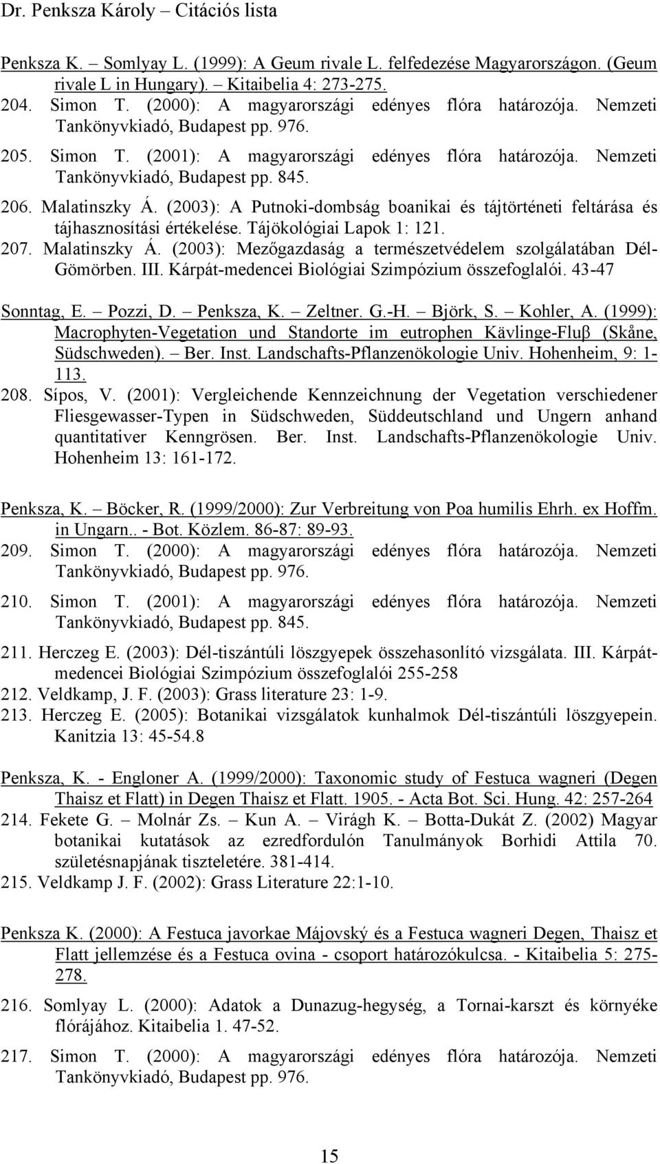 (2003): A Putnoki-dombság boanikai és tájtörténeti feltárása és tájhasznosítási értékelése. Tájökológiai Lapok 1: 121. 207. Malatinszky Á.