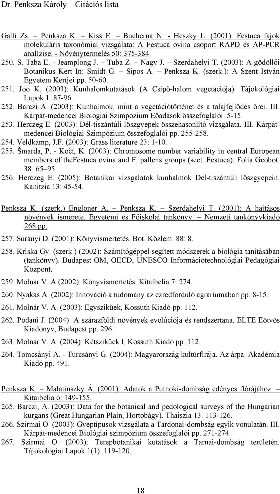 (2003): Kunhalomkutatások (A Csípő-halom vegetációja). Tájökológiai Lapok 1. 87-96. 252. Barczi A. (2003): Kunhalmok, mint a vegetációtörténet és a talajfejlődés őrei. III.