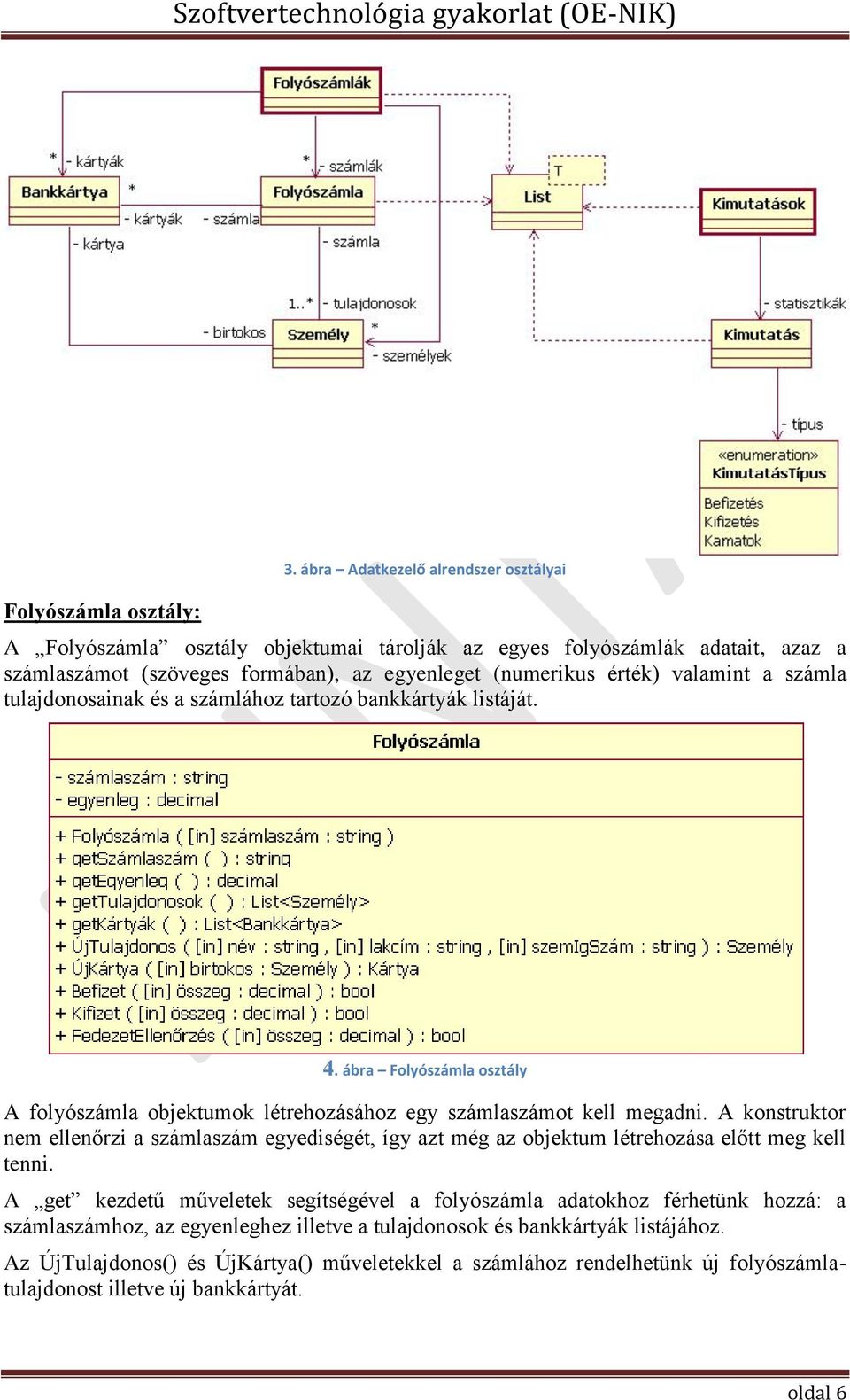 számla tulajdonosainak és a számlához tartozó bankkártyák listáját. 4. ábra Folyószámla osztály A folyószámla objektumok létrehozásához egy számlaszámot kell megadni.