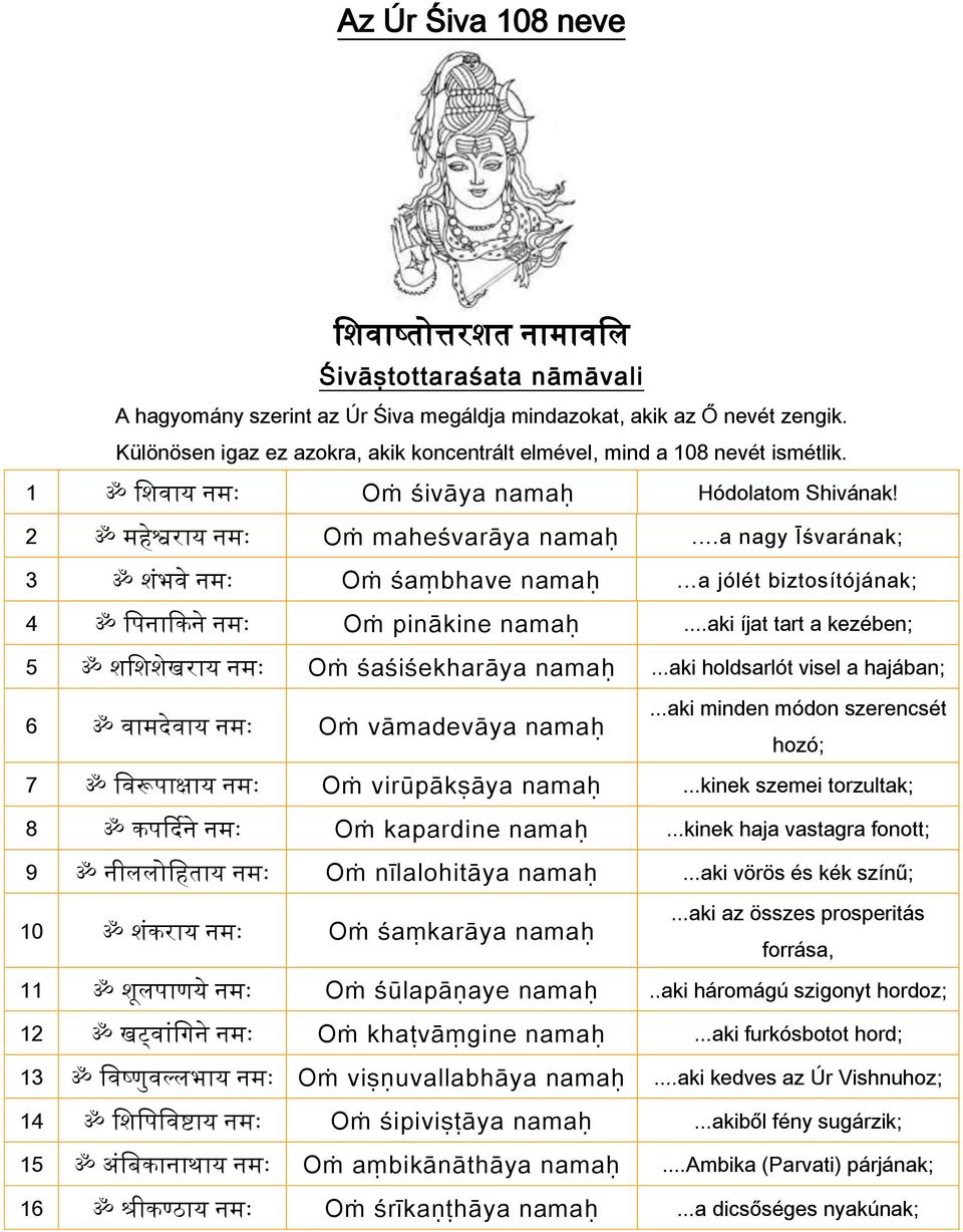 ..a jólét biztosítójának; 4 ॐ श न क न Oṁ pinākine...aki íjat tart a kezében; 5 ॐ श खर य Oṁ śaśiśekharāya...aki holdsarlót visel a hajában; 6 ॐ व मद व य Oṁ vāmadevāya.