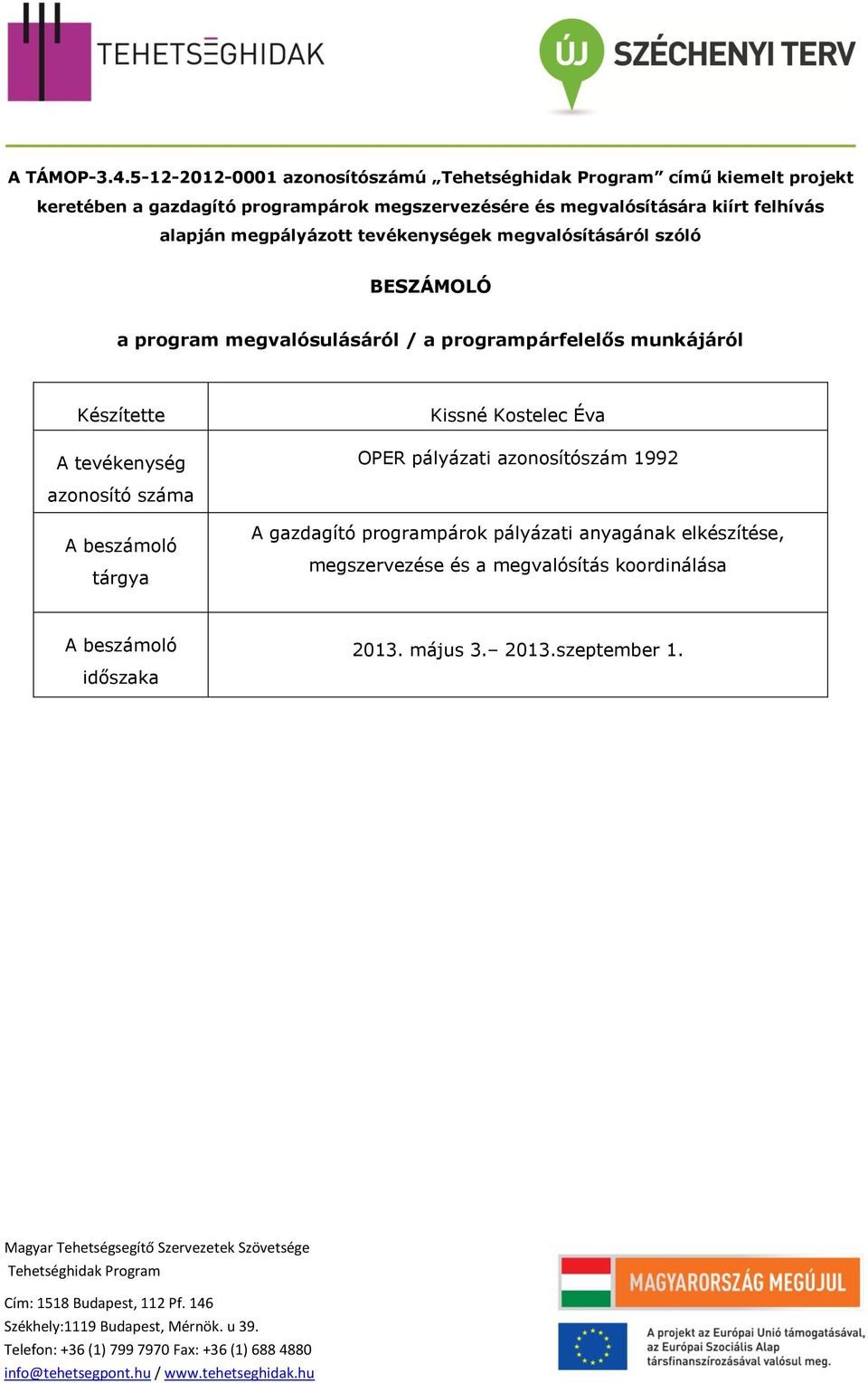 alapján megpályázott tevékenységek megvalósításáról szóló BESZÁMOLÓ a program megvalósulásáról / a programpárfelelős munkájáról Készítette