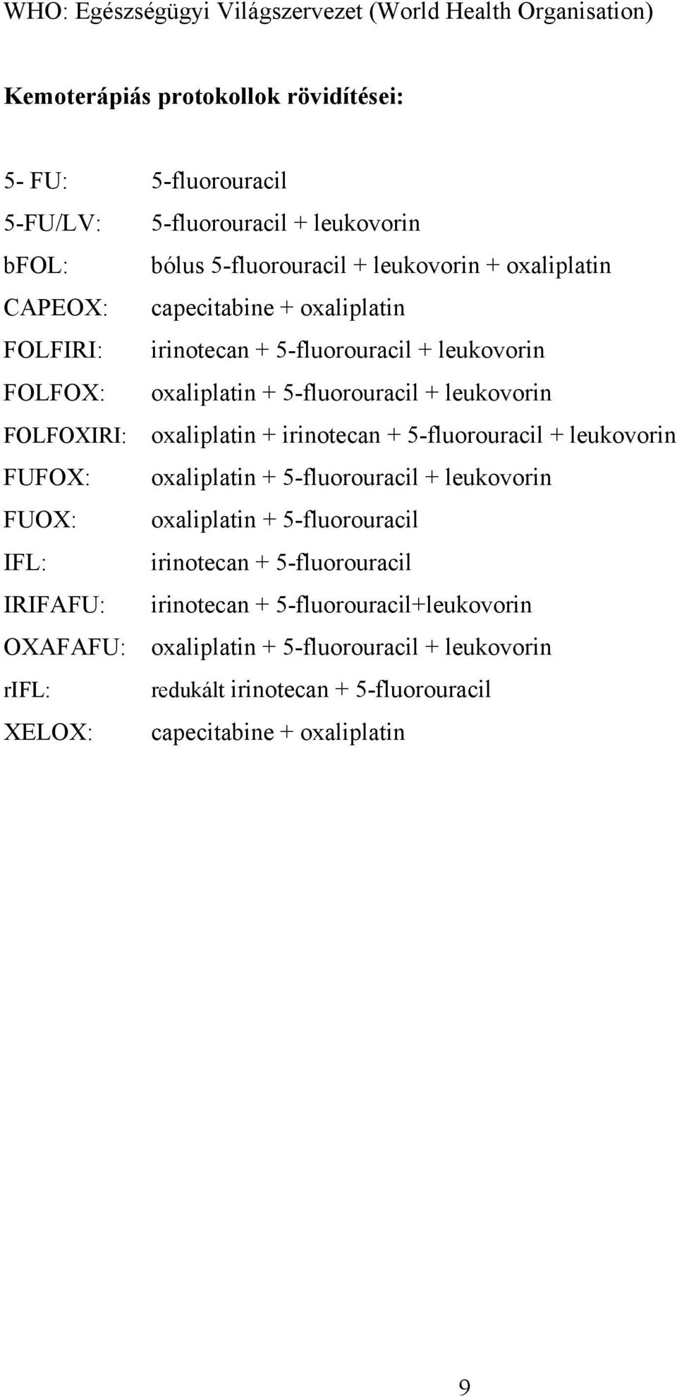 FOLFOXIRI: oxaliplatin + irinotecan + 5-fluorouracil + leukovorin FUFOX: oxaliplatin + 5-fluorouracil + leukovorin FUOX: oxaliplatin + 5-fluorouracil IFL: irinotecan +