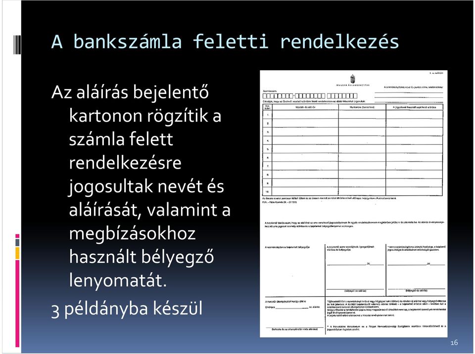 rendelkezésre jogosultak nevét és aláírását,