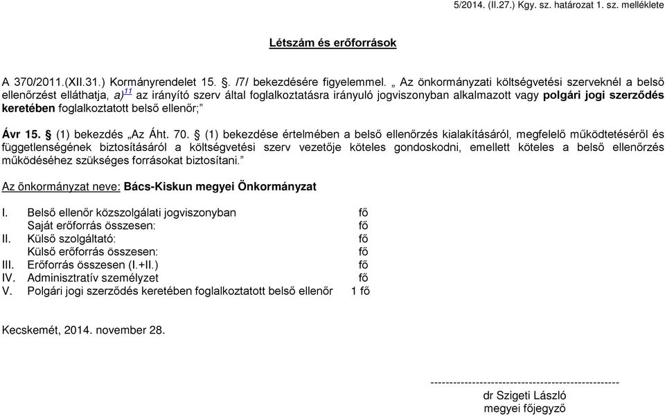 foglalkoztatott belső ellenőr; Ávr 15. (1) bekezdés Az Áht. 70.