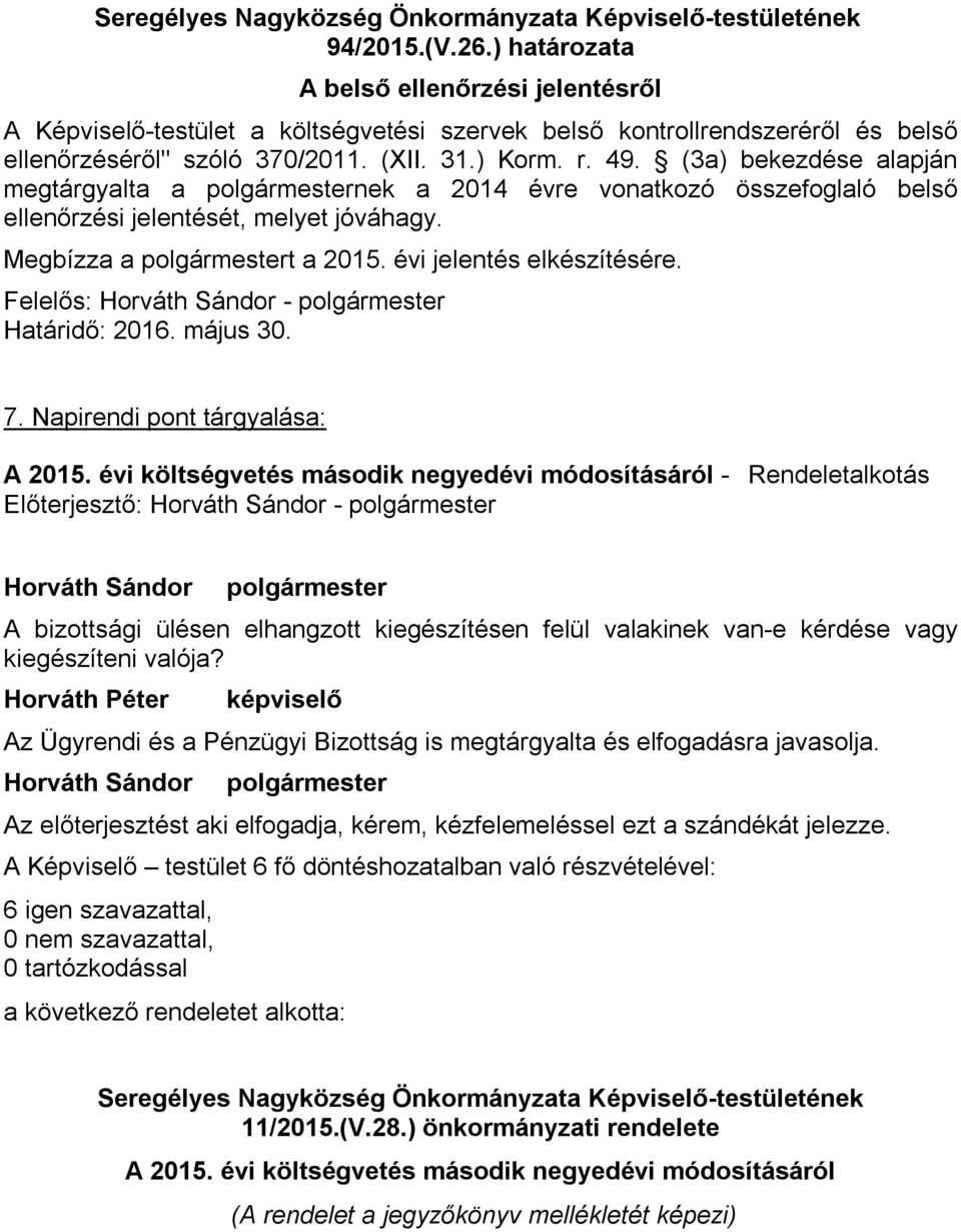 május 30. 7. Napirendi pont tárgyalása: A 2015.