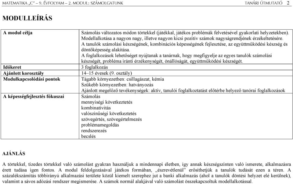 játékos problémák felvetésével gyakorlati helyzetekben). Modellalkotása a nagyon nagy, illetve nagyon kicsi pozitív számok nagyságrendjének érzékeltetésére.