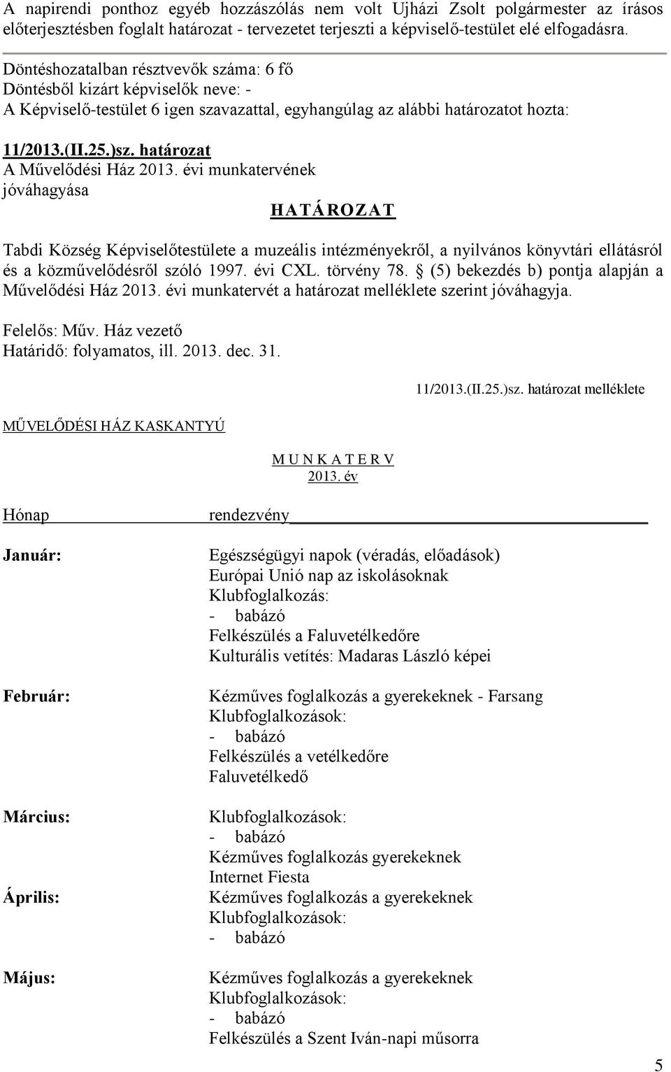 határozat A Művelődési Ház 2013. évi munkatervének jóváhagyása HATÁROZAT Tabdi Község Képviselőtestülete a muzeális intézményekről, a nyilvános könyvtári ellátásról és a közművelődésről szóló 1997.