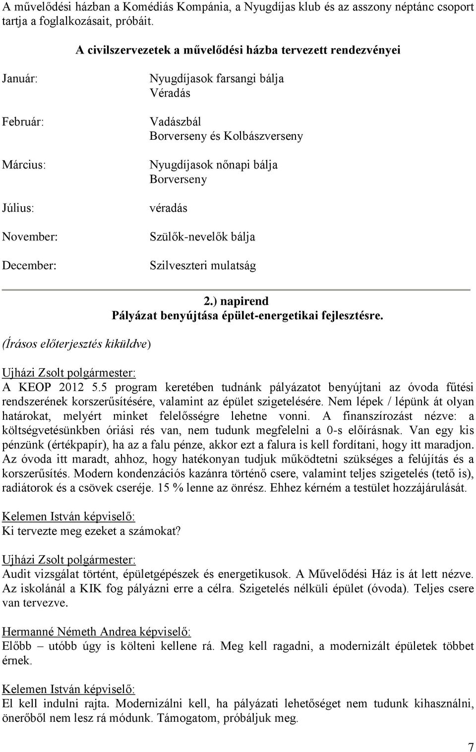 Nyugdíjasok nőnapi bálja Borverseny véradás Szülők-nevelők bálja Szilveszteri mulatság (Írásos előterjesztés kiküldve) 2.) napirend Pályázat benyújtása épület-energetikai fejlesztésre.