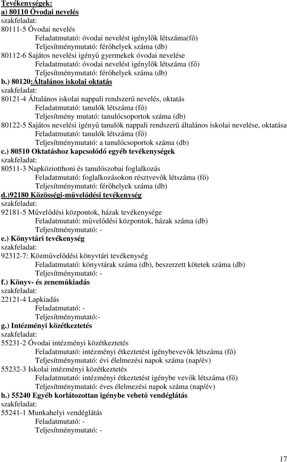 ) 80120:Általános iskolai oktatás szakfeladat: 80121-4 Általános iskolai nappali rendszerő nevelés, oktatás Feladatmutató: tanulók létszáma (fı) Teljesítmény mutató: tanulócsoportok száma (db)