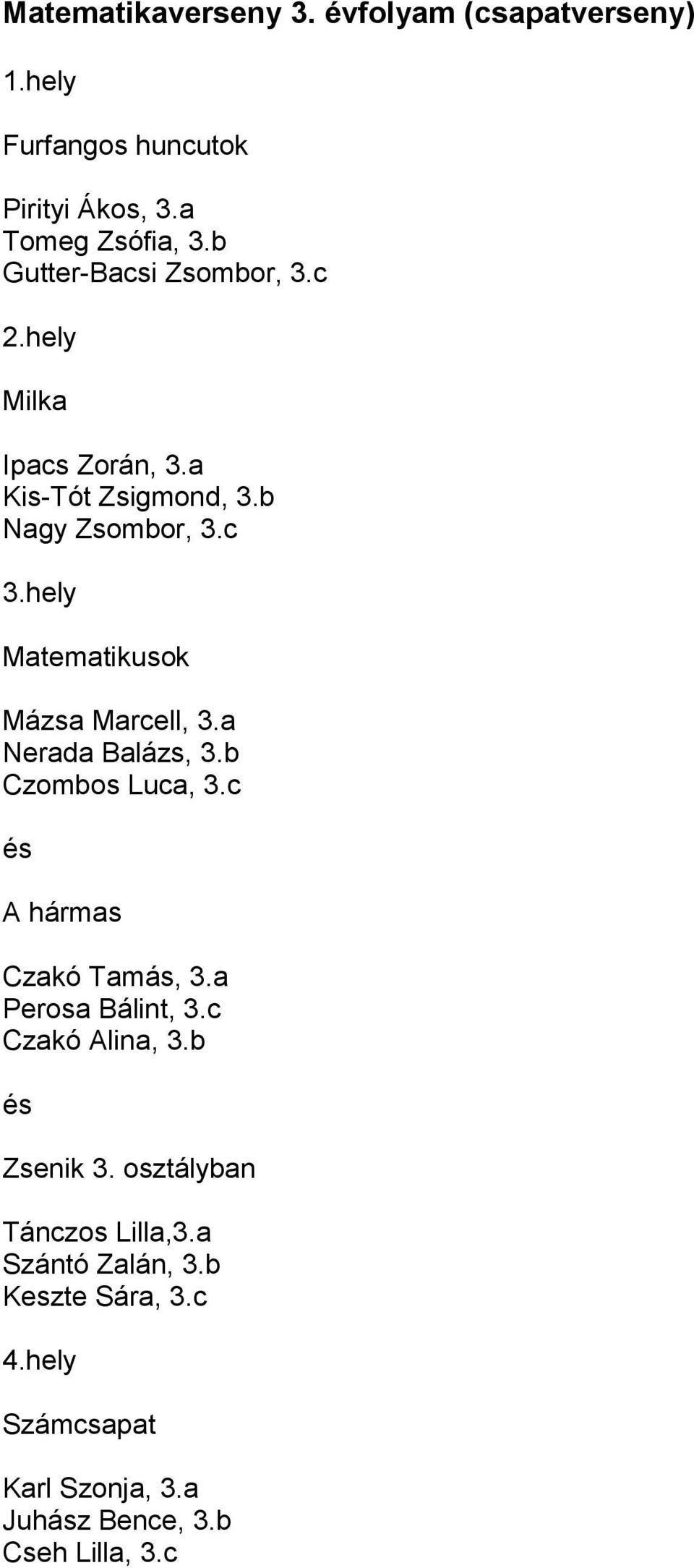 c Matematikusok Mázsa Marcell, 3.a Nerada Balázs, 3.b Czombos Luca, 3.c és A hármas Czakó Tamás, 3.a Perosa Bálint, 3.