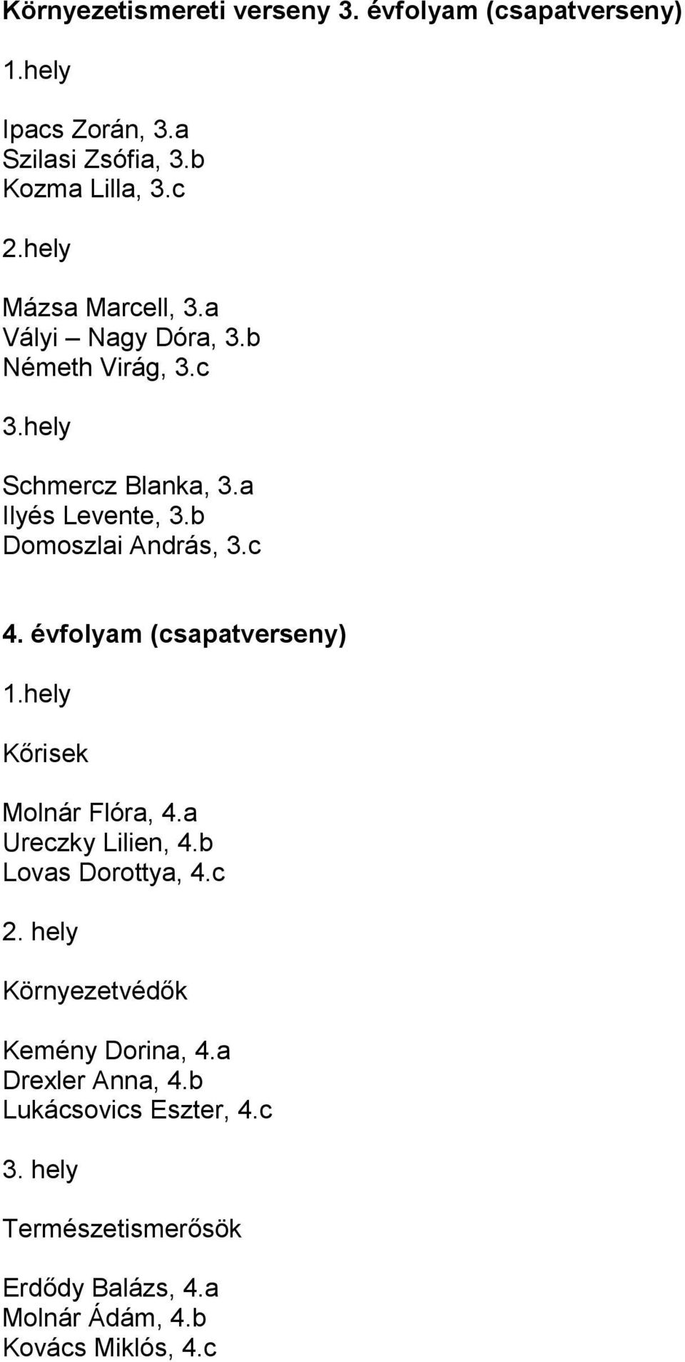 c 4. évfolyam (csapatverseny) Kőrisek Molnár Flóra, 4.a Ureczky Lilien, 4.b Lovas Dorottya, 4.c 2.