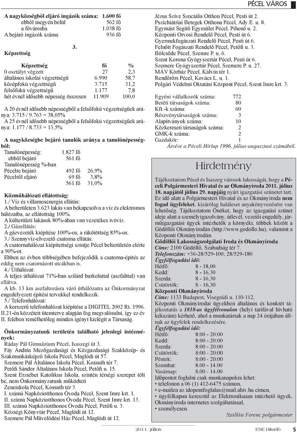 177 7,8 hét évnél idősebb népesség összesen 11.909 100,0 3. A 20 évnél idősebb népességből a felsőfokú végzettségűek aránya: 3.715 / 9.