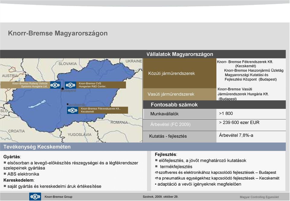 (Kecskemét) Knorr-Bremse Haszonjármő Üzletág Magyarországi Kutatási és Fejlesztési Központ (Budapest) Knorr-Bremse Vasúti Jármőrendszerek Hungária Kft.