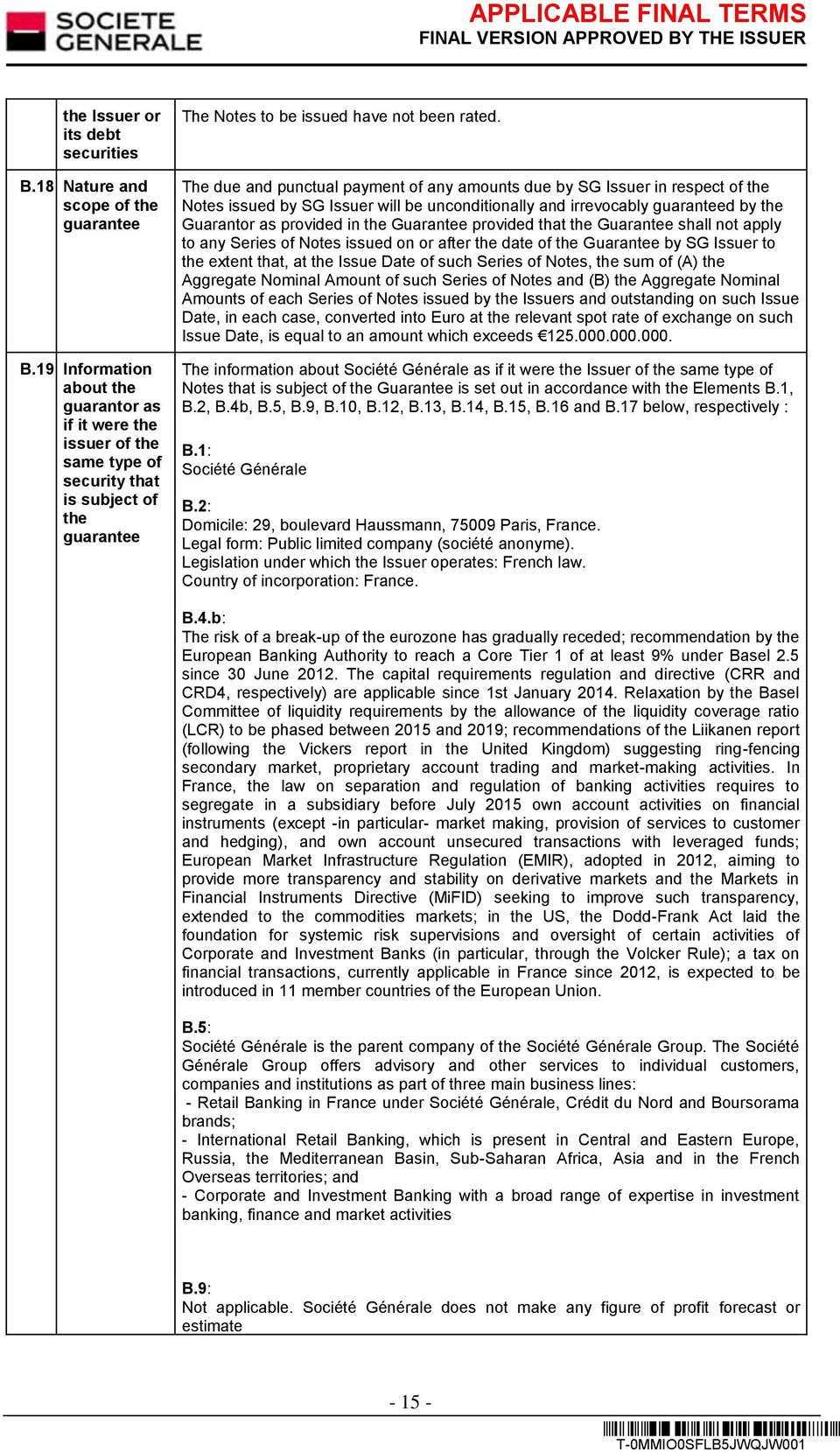 The due and punctual payment of any amounts due by SG Issuer in respect of the Notes issued by SG Issuer will be unconditionally and irrevocably guaranteed by the Guarantor as provided in the