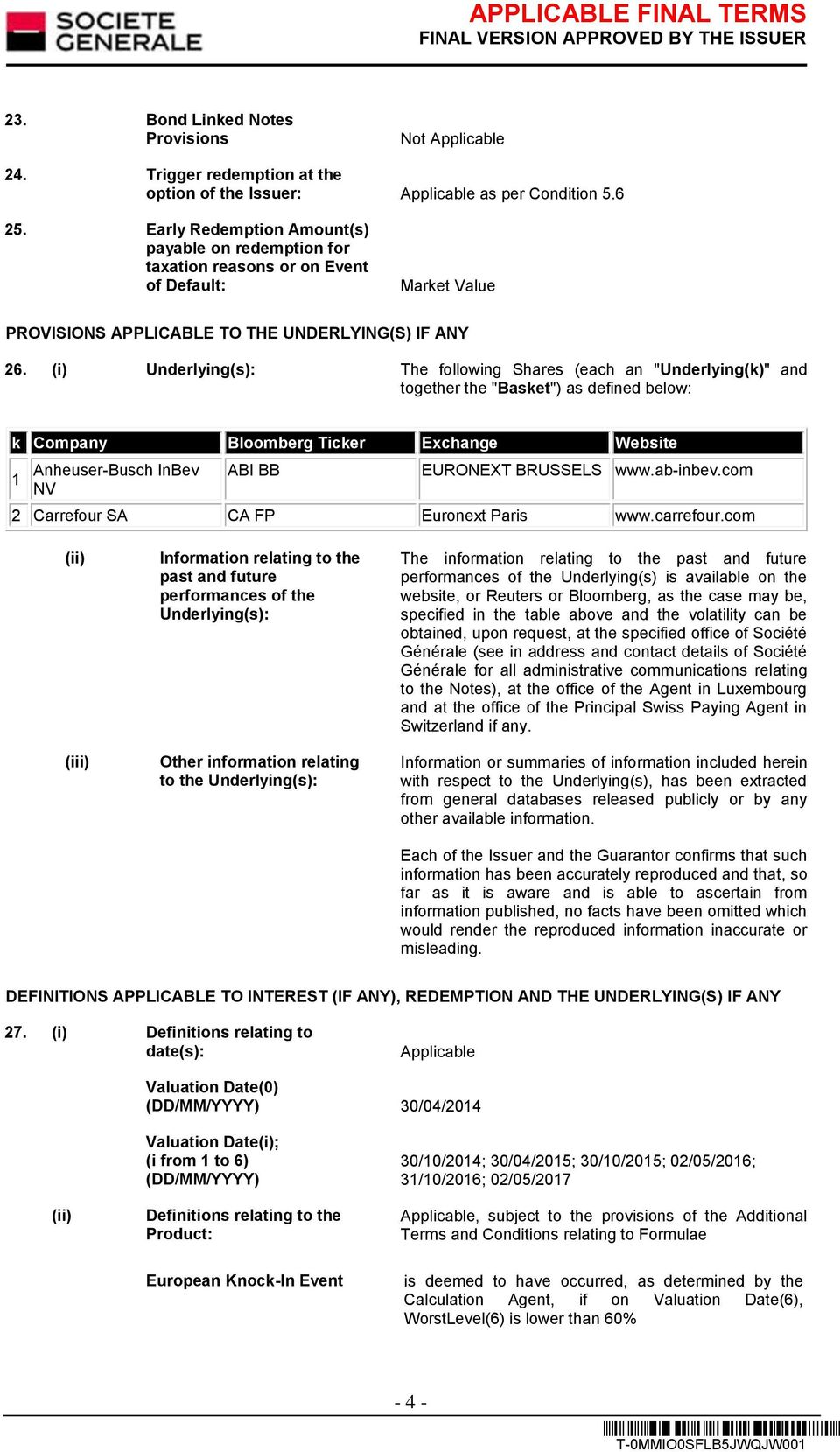 (i) Underlying(s): The following Shares (each an "Underlying(k)" and together the "Basket") as defined below: k Company Bloomberg Ticker Exchange Website 1 Anheuser-Busch InBev NV ABI BB EURONEXT