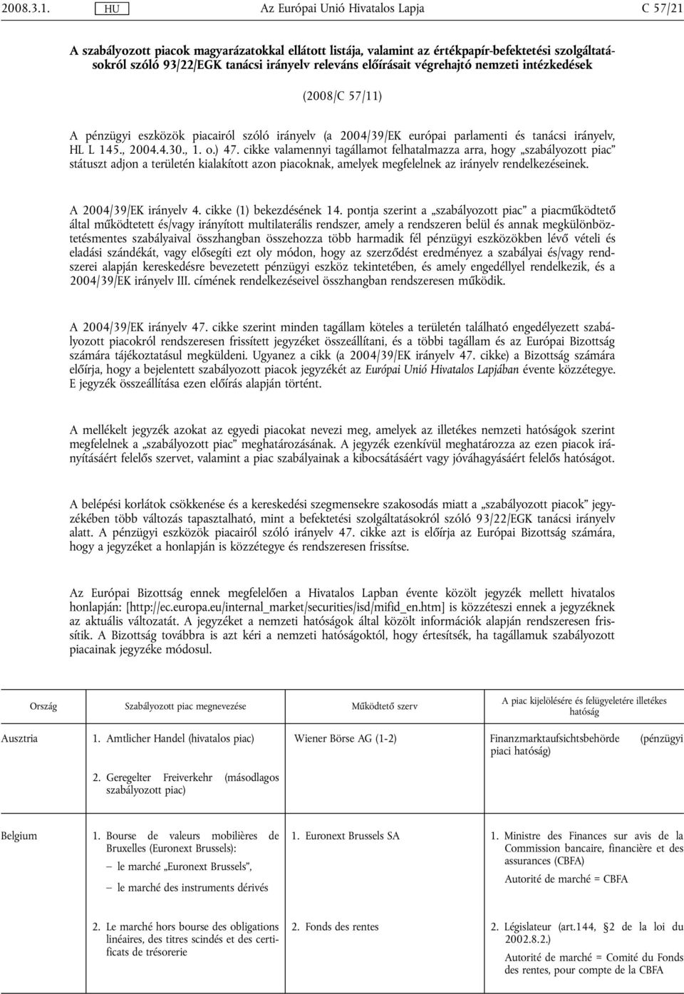 intézkedések (2008/C 57/11) A pénzügyi eszközök piacairól szóló irányelv (a 2004/39/EK európai parlamenti és tanácsi irányelv, HL L 145., 2004.4.30., 1. o.) 47.