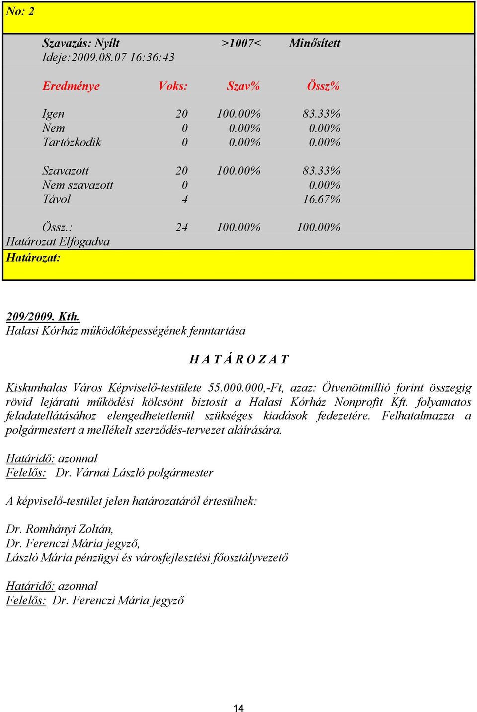 000,-Ft, azaz: Ötvenötmillió forint összegig rövid lejáratú működési kölcsönt biztosít a Halasi Kórház Nonprofit Kft. folyamatos feladatellátásához elengedhetetlenül szükséges kiadások fedezetére.