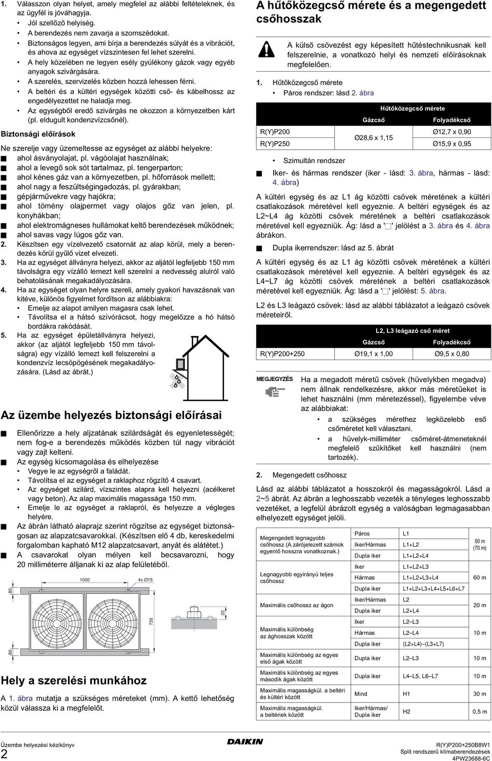 szerelés, szervizelés közben hozzá lehessen férni. beltéri és a kültéri egységek közötti cső- és kábelhossz az engedélyezettet ne haladja meg.