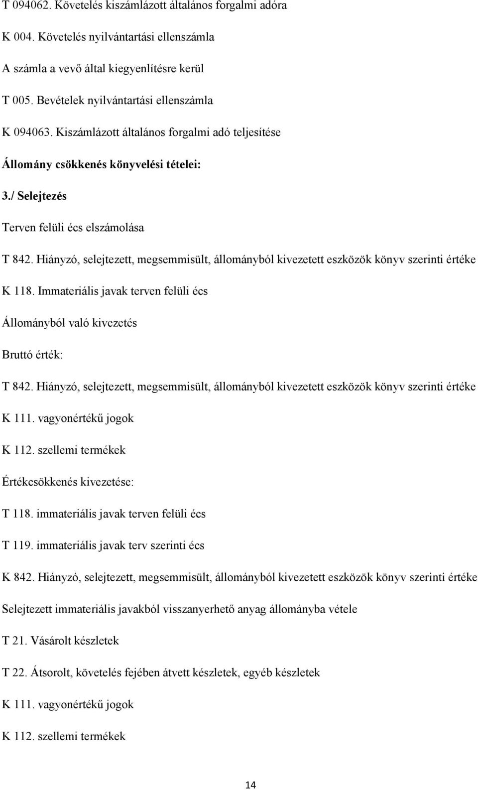 Hiányzó, selejtezett, megsemmisült, állományból kivezetett eszközök könyv szerinti értéke K 118. Immateriális javak terven felüli écs Állományból való kivezetés Bruttó érték: T 842.