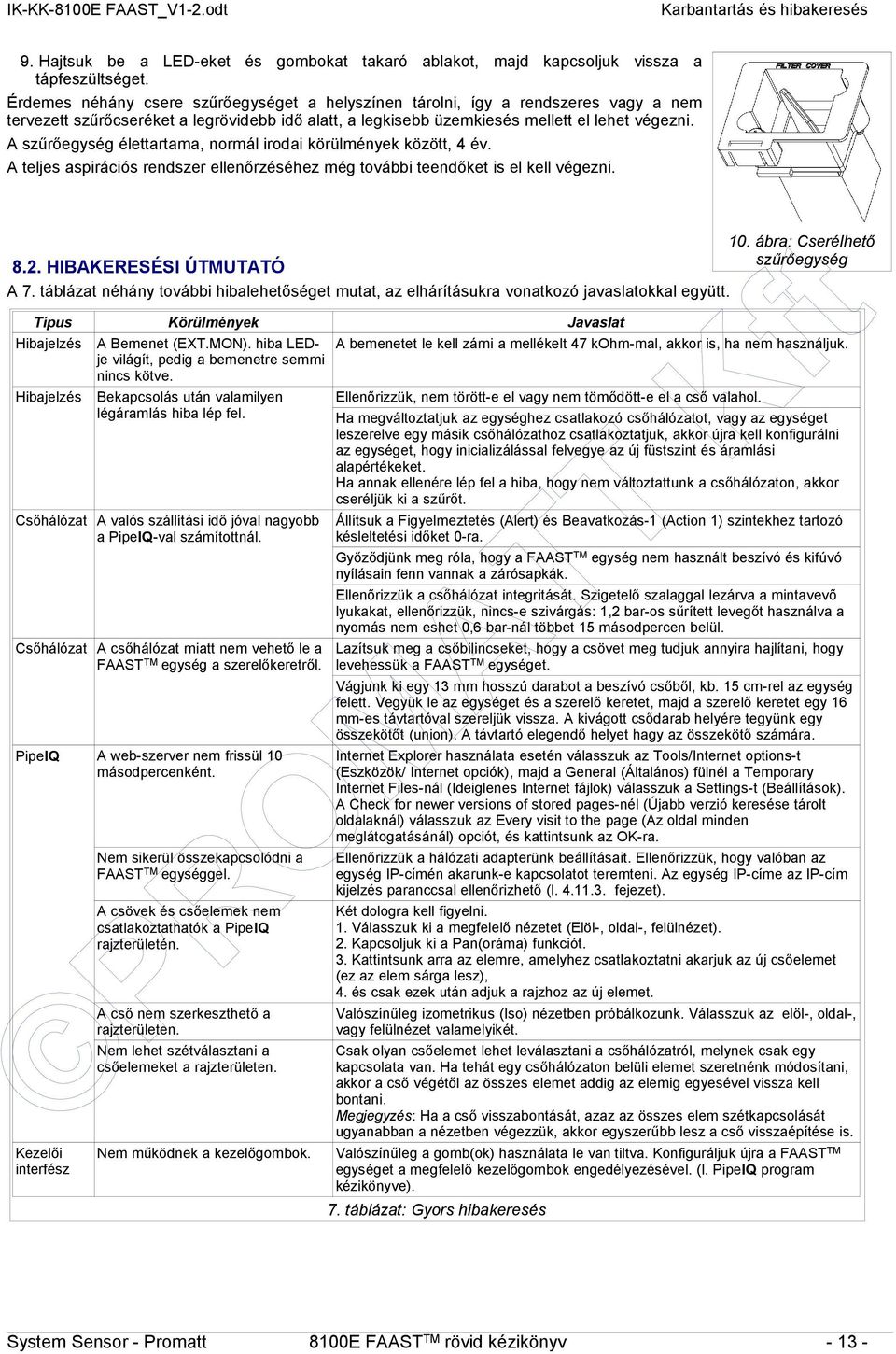 A szűrőegység élettartama, normál irodai körülmények között, 4 év. A teljes aspirációs rendszer ellenőrzéséhez még további teendőket is el kell végezni. 10. ábra: Cserélhető szűrőegység 8.2.