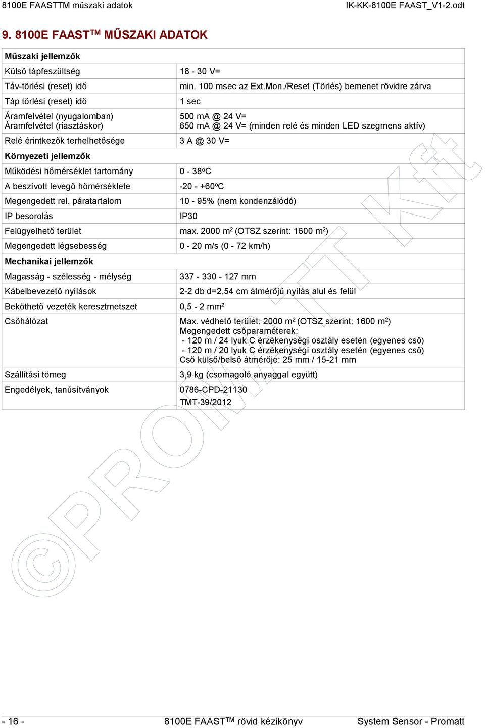 Mon./Reset (Törlés) bemenet rövidre zárva 1 sec Relé érintkezők terhelhetősége 3 A @ 30 V= Környezeti jellemzők Működési hőmérséklet tartomány A beszívott levegő hőmérséklete Megengedett rel.