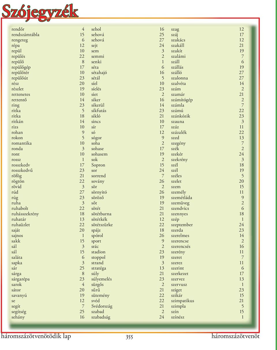 sakk 15 sál 3 sál 15 saláta 6 sapka 3 sár 25 sárga 8 sárgarépa 23 sarok 4 sátor 20 savanyú 19 se 12 segít 7 segítség 25 sehány 16 sehol 16 sehová 25 sehová 27 sejt 24 sem 3 semmi 2 senki 1 séta 6