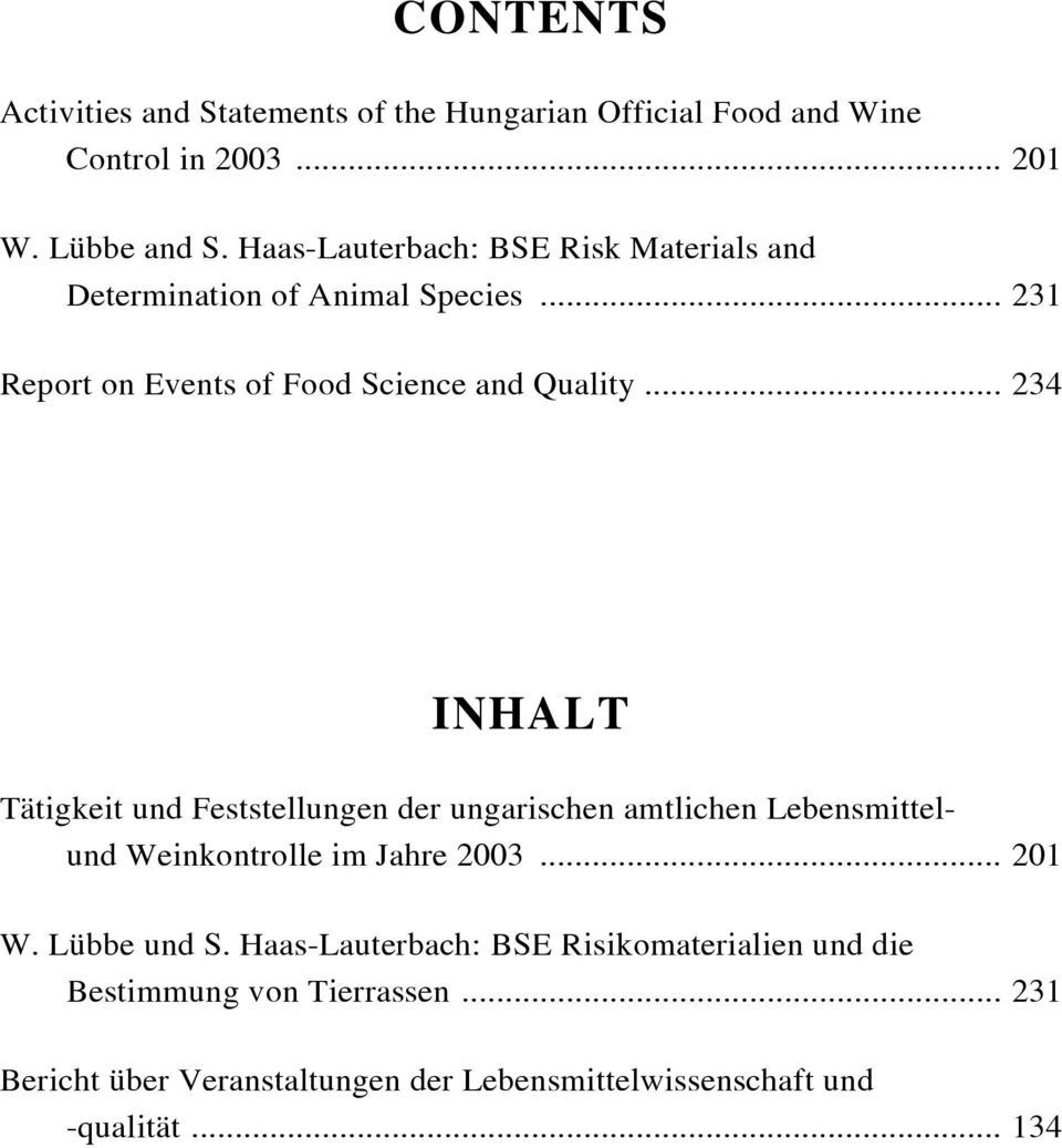 .. 234 INHALT Tätigkeit und Feststellungen der ungarischen amtlichen Lebensmittelund Weinkontrolle im Jahre 2003... 201 W.