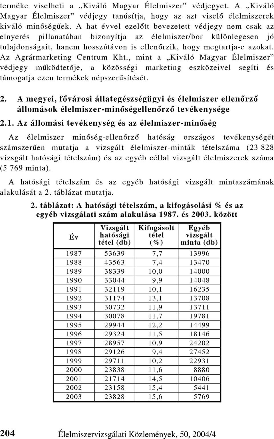 Az Agrármarketing Centrum Kht., mint a Kiváló Magyar Élelmiszer védjegy mûködtetõje, a közösségi marketing eszközeivel segíti és támogatja ezen termékek népszerûsítését. 2.