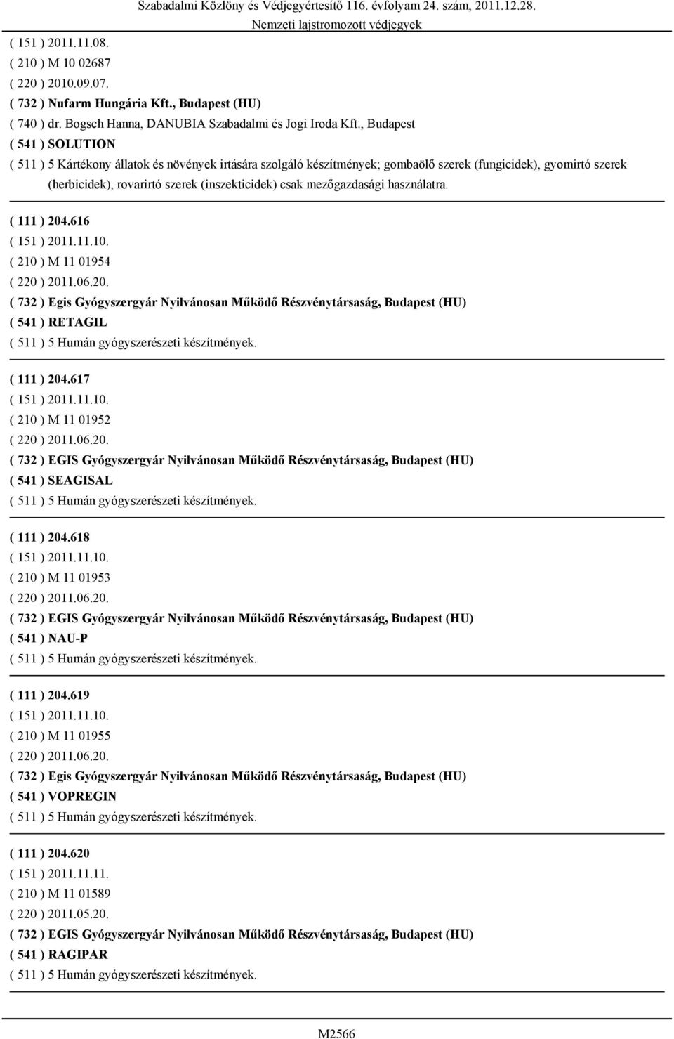 mezőgazdasági használatra. ( 111 ) 204.616 ( 151 ) 2011.11.10. ( 210 ) M 11 01954 ( 220 ) 2011.06.20. ( 732 ) Egis Gyógyszergyár Nyilvánosan Működő Részvénytársaság, Budapest (HU) ( 541 ) RETAGIL ( 511 ) 5 Humán gyógyszerészeti készítmények.