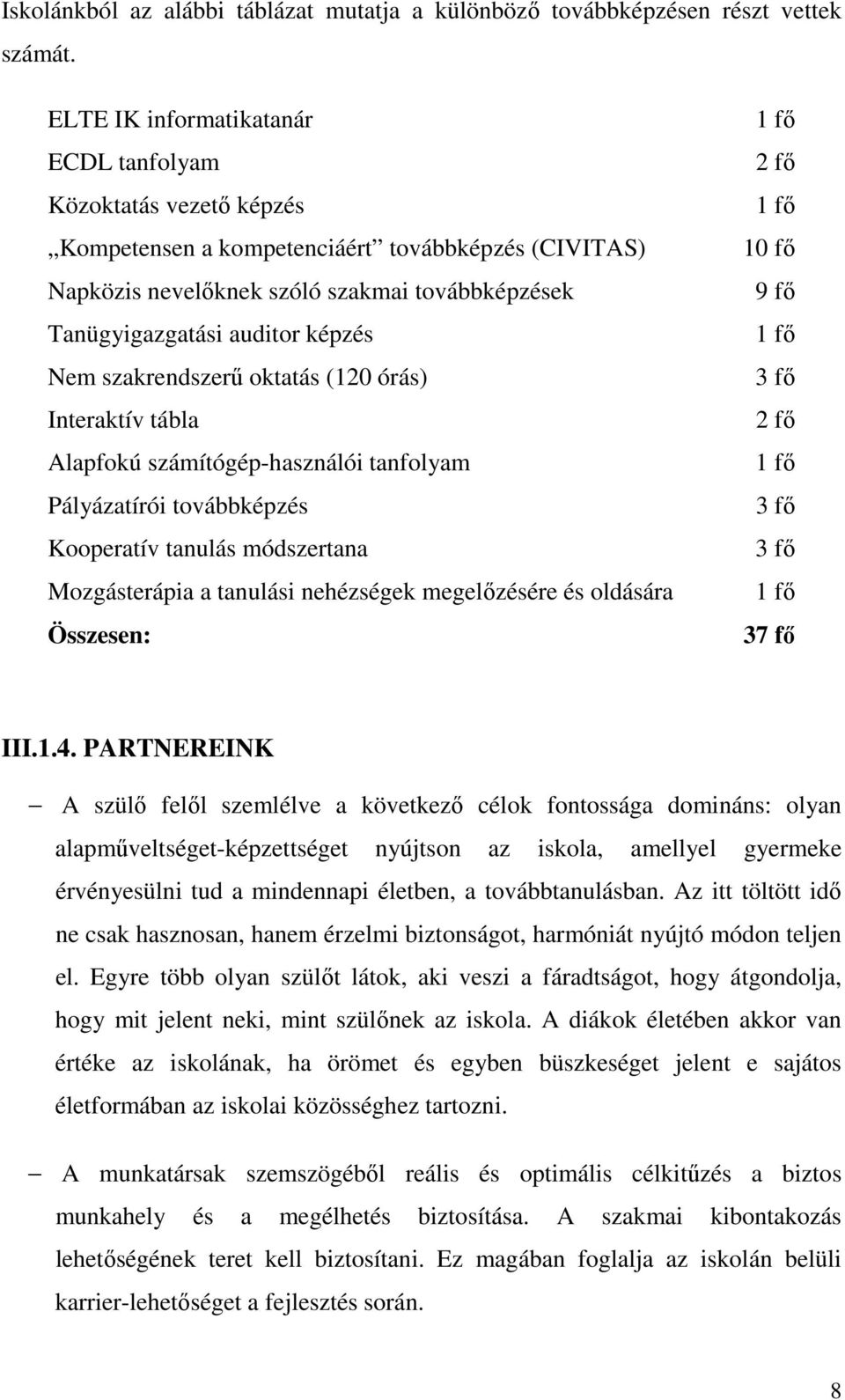 Nem szakrendszerő oktatás (120 órás) Interaktív tábla Alapfokú számítógép-használói tanfolyam Pályázatírói továbbképzés Kooperatív tanulás módszertana Mozgásterápia a tanulási nehézségek megelızésére