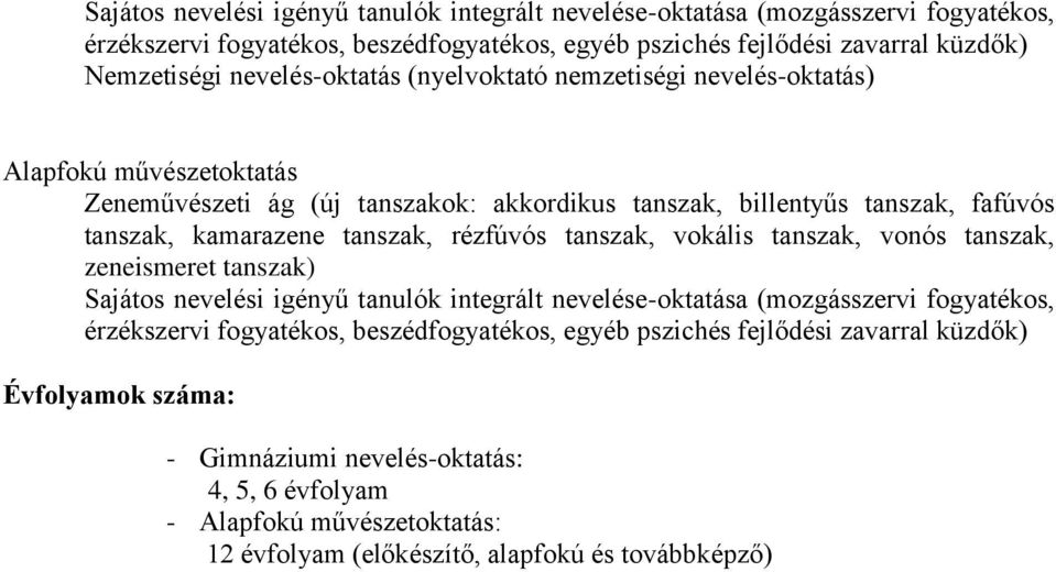 tanszak, rézfúvós tanszak, vokális tanszak, vonós tanszak, zeneismeret tanszak) Sajátos nevelési igényű tanulók integrált nevelése-oktatása (mozgásszervi fogyatékos, érzékszervi fogyatékos,