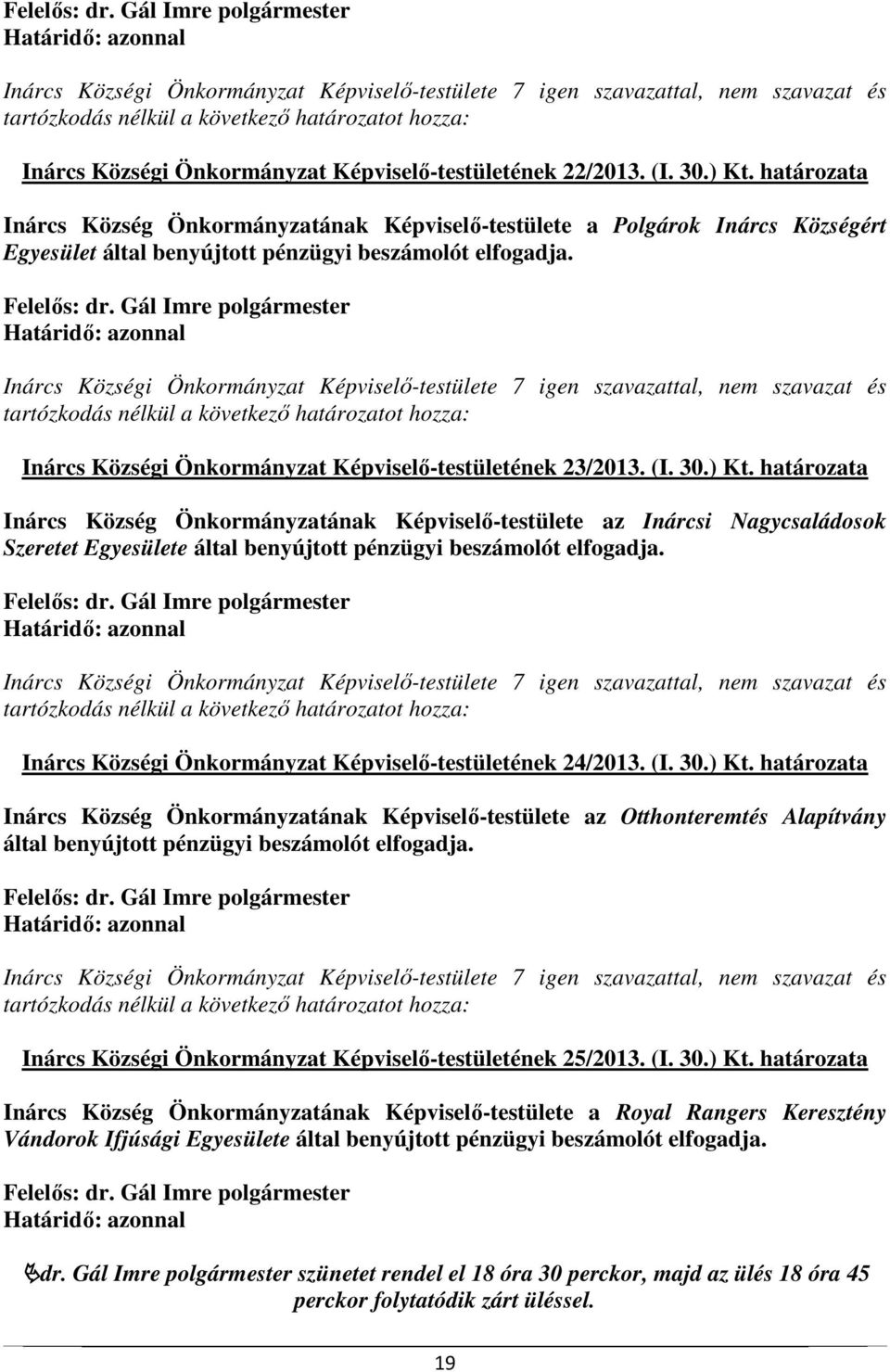 Inárcs Községi Önkormányzat Képviselő-testületének 23/2013. (I. 30.) Kt.