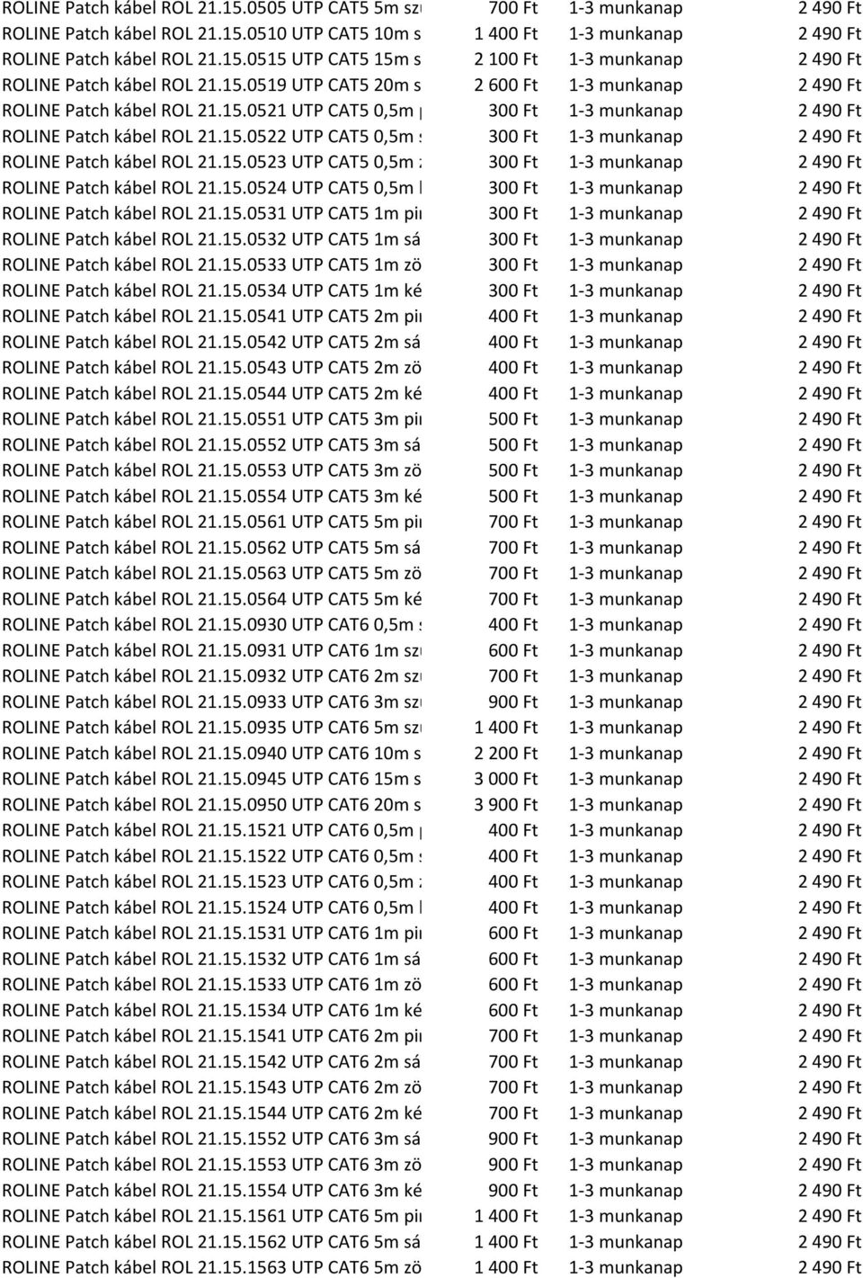 15.0523 UTP CAT5 0,5m zöld 300 Ft 1-3 munkanap ROLINE Patch kábel ROL 21.15.0524 UTP CAT5 0,5m kék 300 Ft 1-3 munkanap ROLINE Patch kábel ROL 21.15.0531 UTP CAT5 1m piros 300 Ft 1-3 munkanap ROLINE Patch kábel ROL 21.