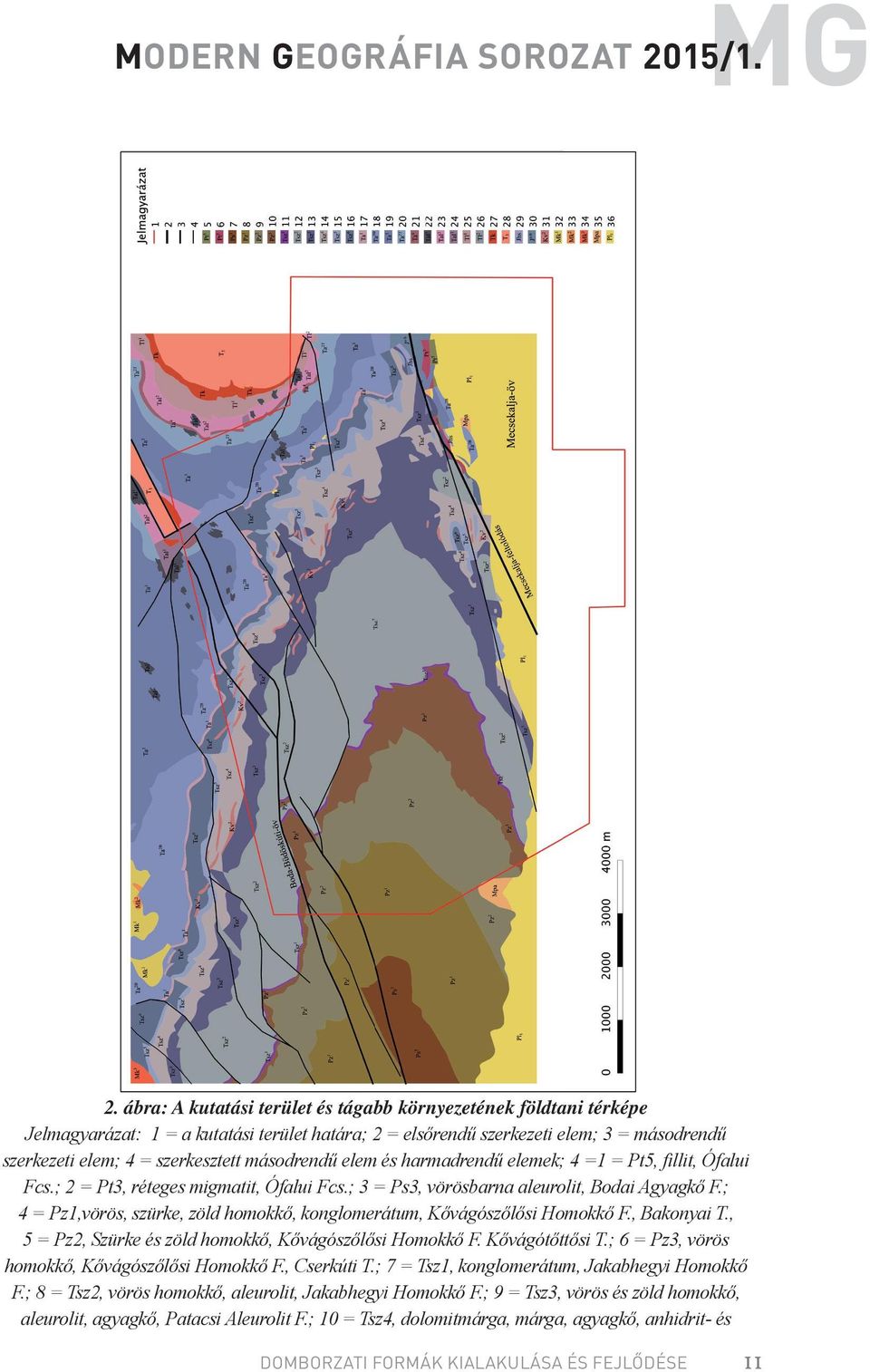 másodrendű elem és harmadrendű elemek; 4 =1 = Pt5, fillit, Ófalui Fcs.; 2 = Pt3, réteges migmatit, Ófalui Fcs.; 3 = Ps3, vörösbarna aleurolit, Bodai Agyagkő F.